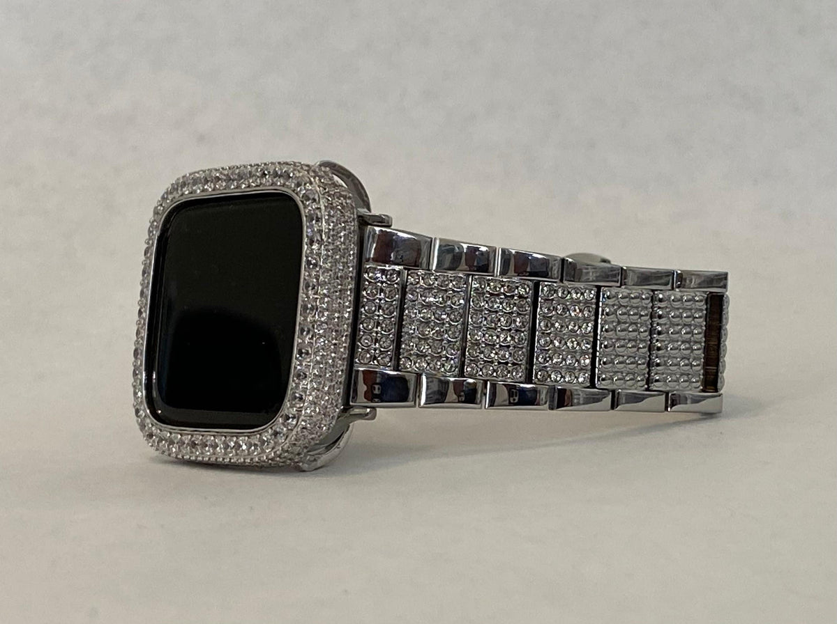 Designer Apple Watch Band Women's Men's Style Silver with Swarovski Crystals  & or Apple Watch Case Cover with Lab Diamonds