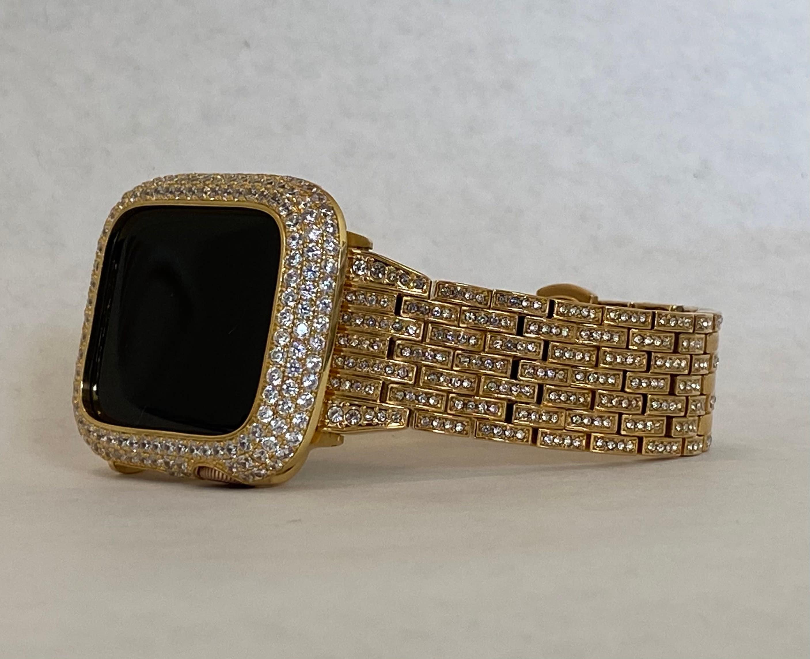 Iced Out Gold Apple Watch Band Stainless Steel Swarovski Crystal & or Apple Watch Case Pave Lab Diamonds 38mm-49mm Ultra Series 10