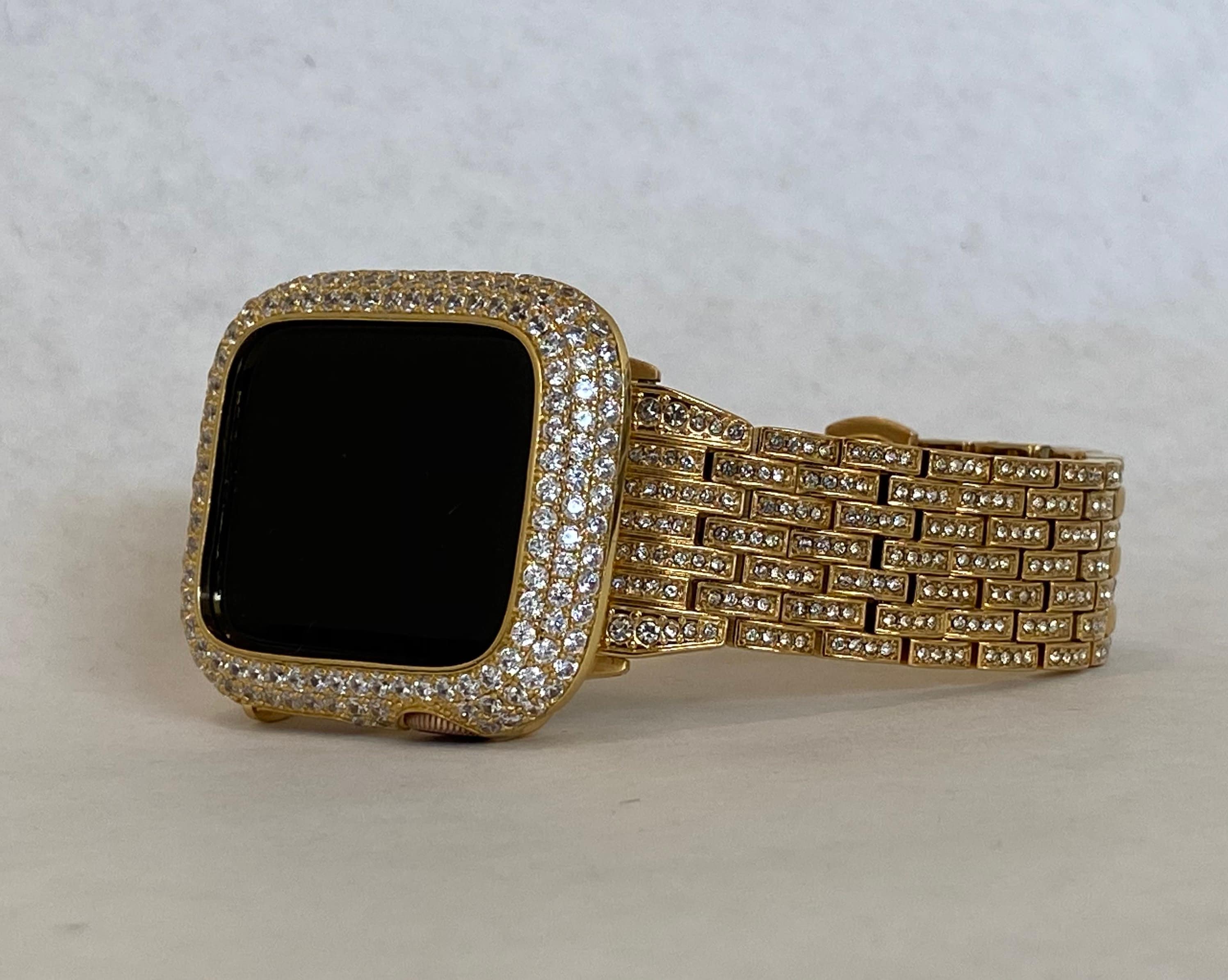 Iced Out Gold Apple Watch Band Stainless Steel Swarovski Crystal & or Apple Watch Case Pave Lab Diamonds 38mm-49mm Ultra Series 10-11