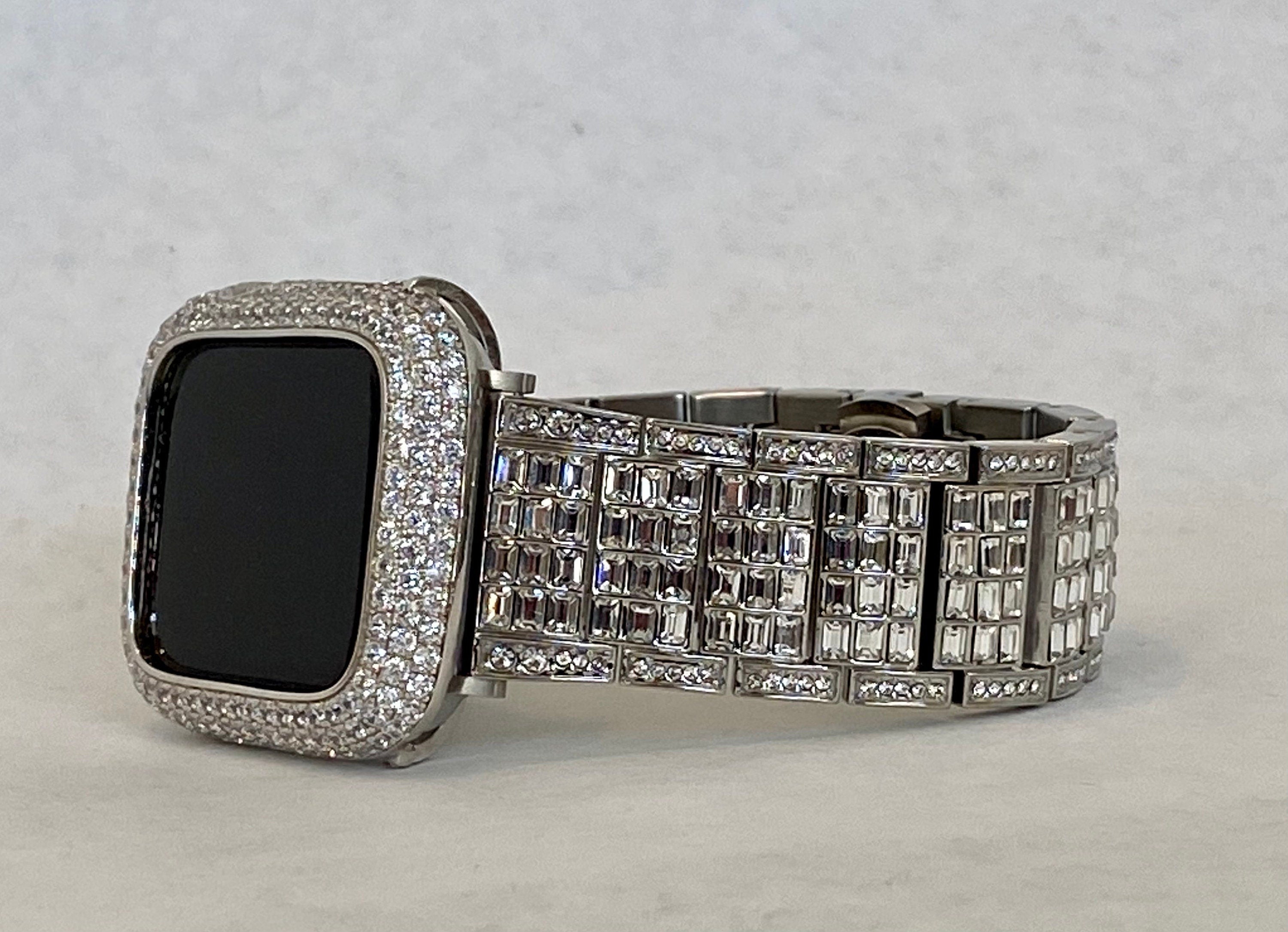 Men's Swarovski Crystal Apple Watch Band Silver Baguettes & or Apple Watch Case Lab Diamond Bezel Cover Smartwatch Bumper Bling 38mm-49mm Ultra