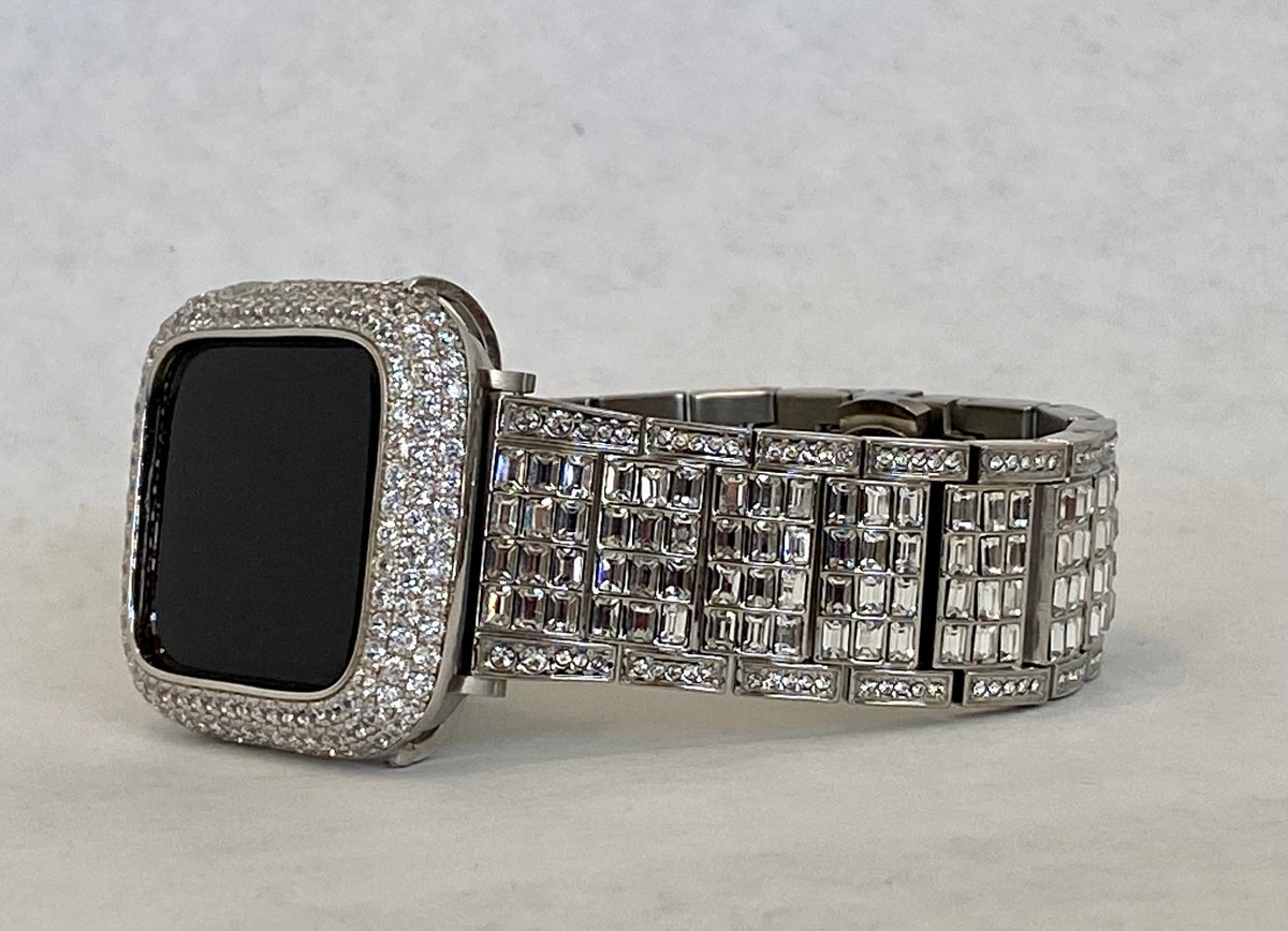 Men's Swarovski Crystal Apple Watch Band Silver Baguettes & or Apple Watch Case Lab Diamond Bezel Cover Smartwatch Bumper Bling 38mm-49mm Ultra