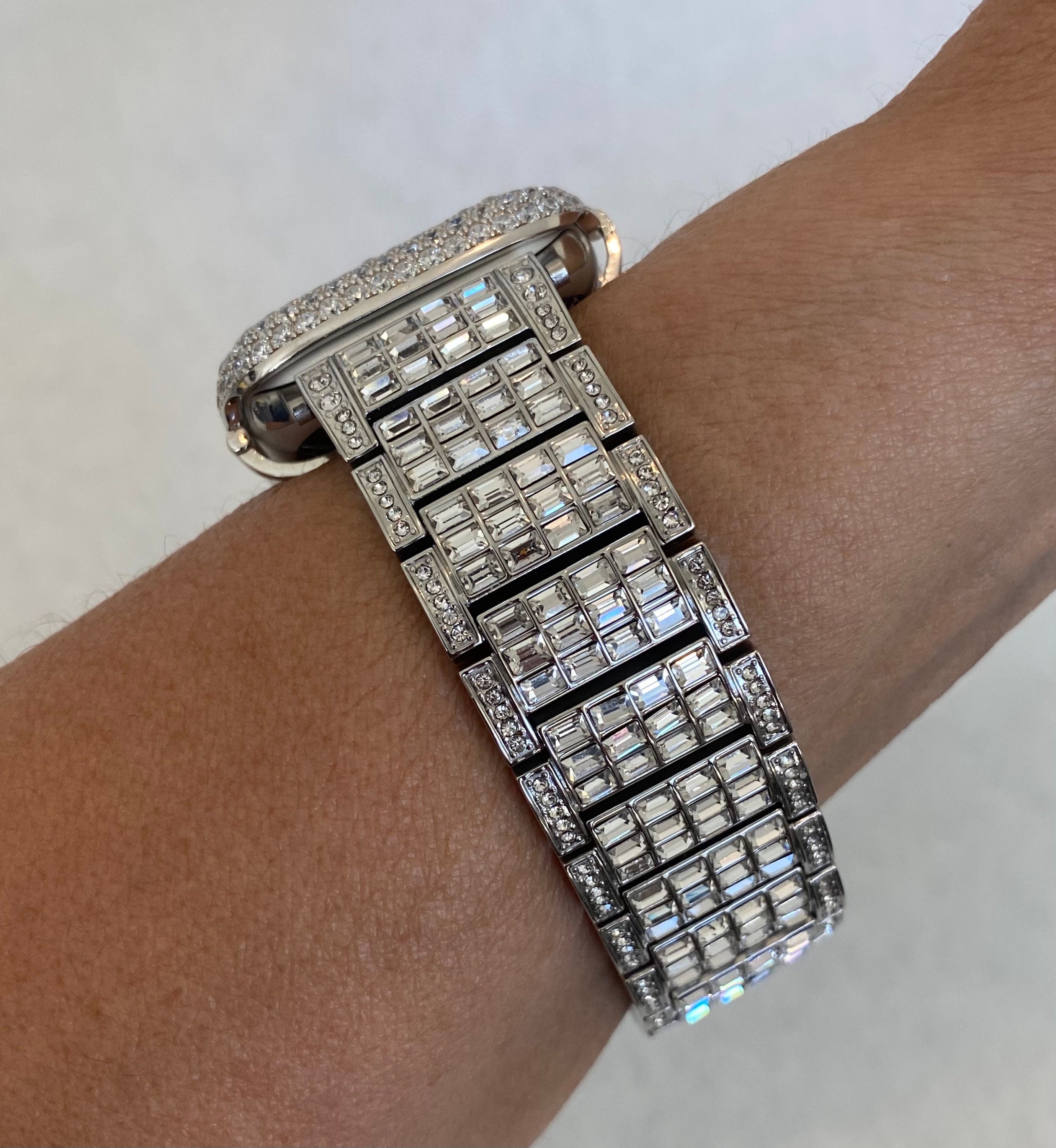 Custom Apple Watch Band Silver Bling Swarovski Crystals Stainless Steel & or Apple Watch Case Bezel Lab Diamond Iphone Watch Bling 38mm-49mm