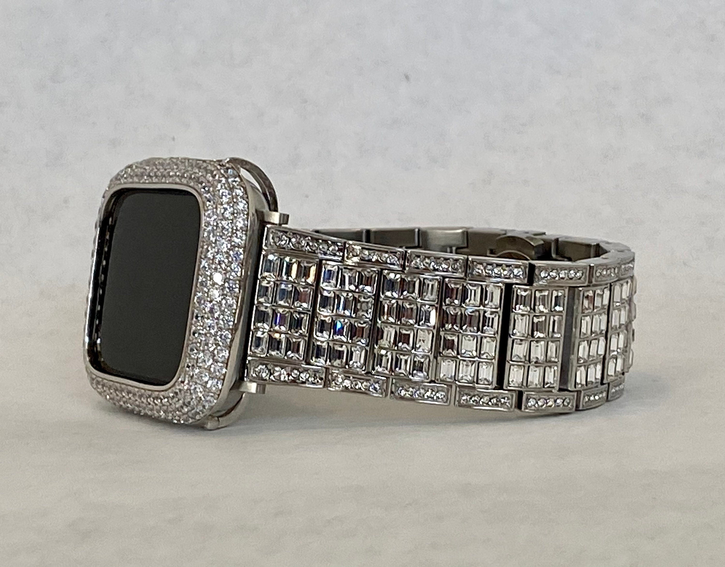 Custom Apple Watch Band Silver Bling Swarovski Crystals Stainless Steel & or Apple Watch Case Bezel Lab Diamond Iphone Watch Bling 38mm-49mm