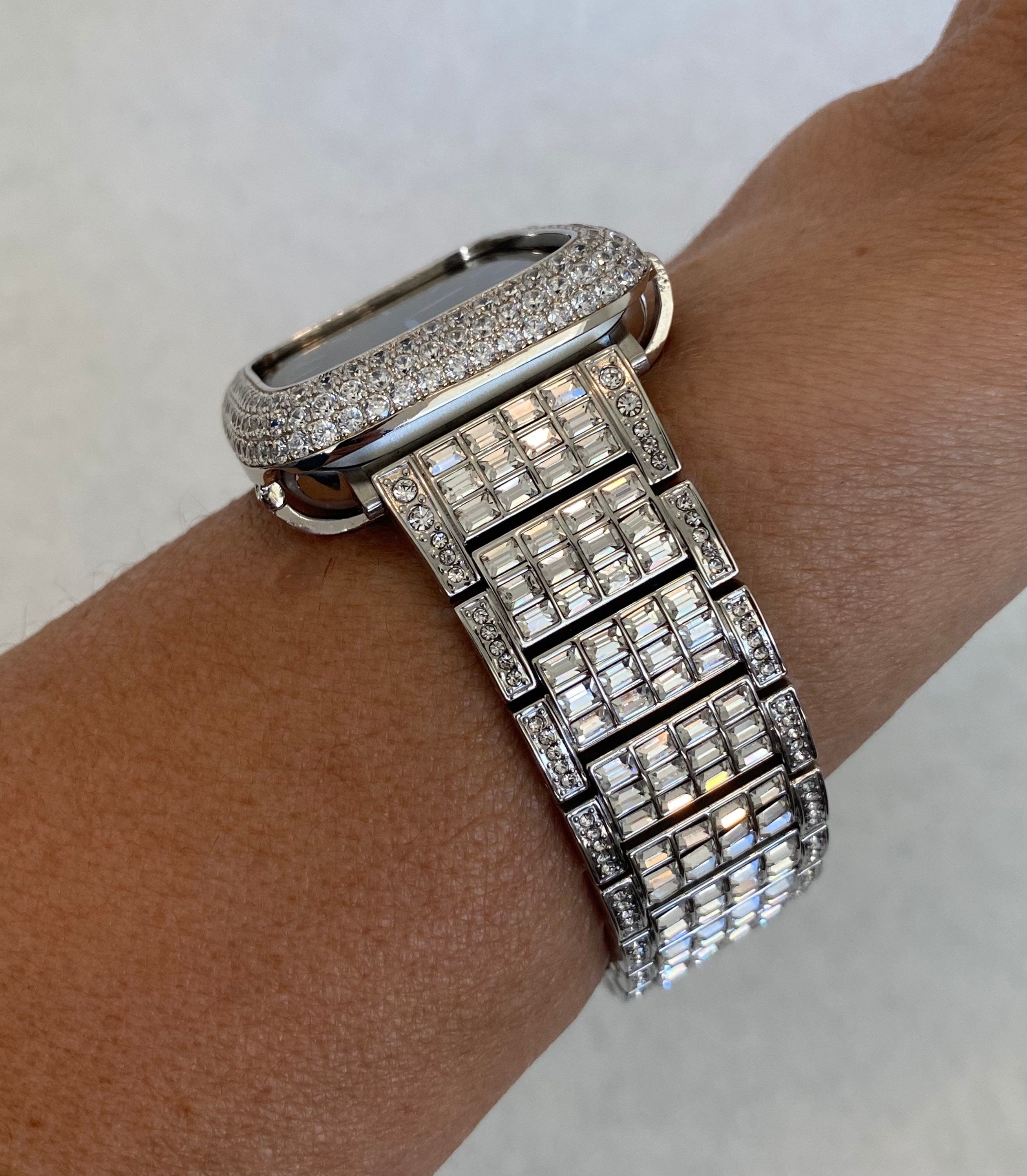 Custom Apple Watch Band Silver Bling Swarovski Crystals Stainless Steel & or Apple Watch Case Bezel Lab Diamond Iphone Watch Bling 38mm-49mm