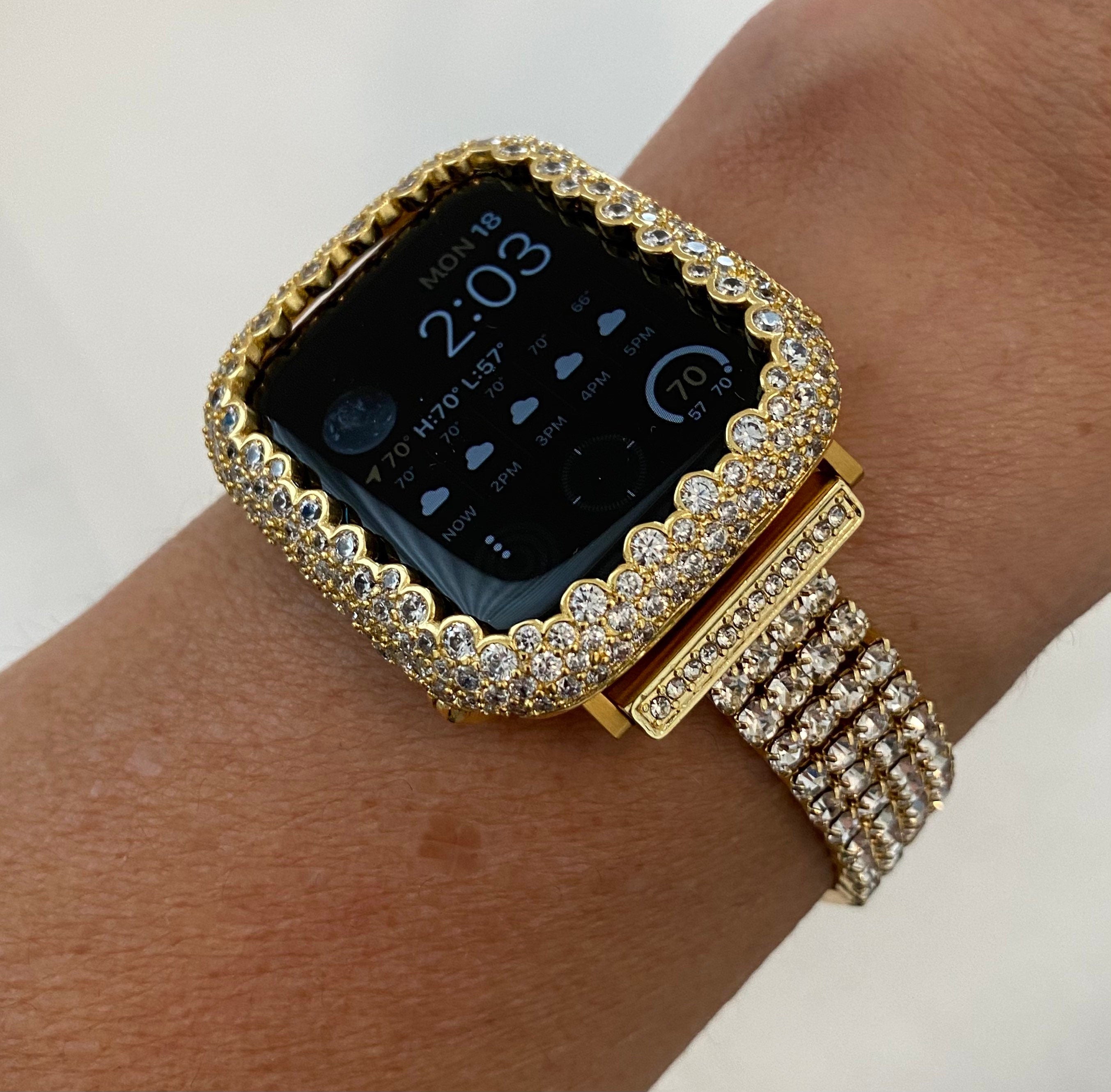 Custom 49mm Ultra Gold Apple Watch Band 41mm 45mm  Swarovski Crystals & or Lab Diamond Bezel Cover Iwatch Bling 38mm-44mm Smartwatch Bumper Iwatch Candy