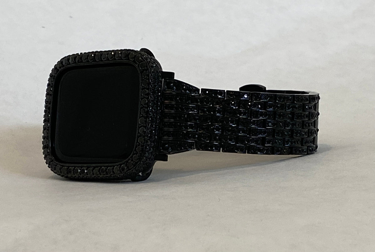 Black on Black Apple Watch Band Stainless Steel High End Crystal & or Apple Watch Cover Lab Diamond Bezel 38mm-49mm Ultra Series 2-11