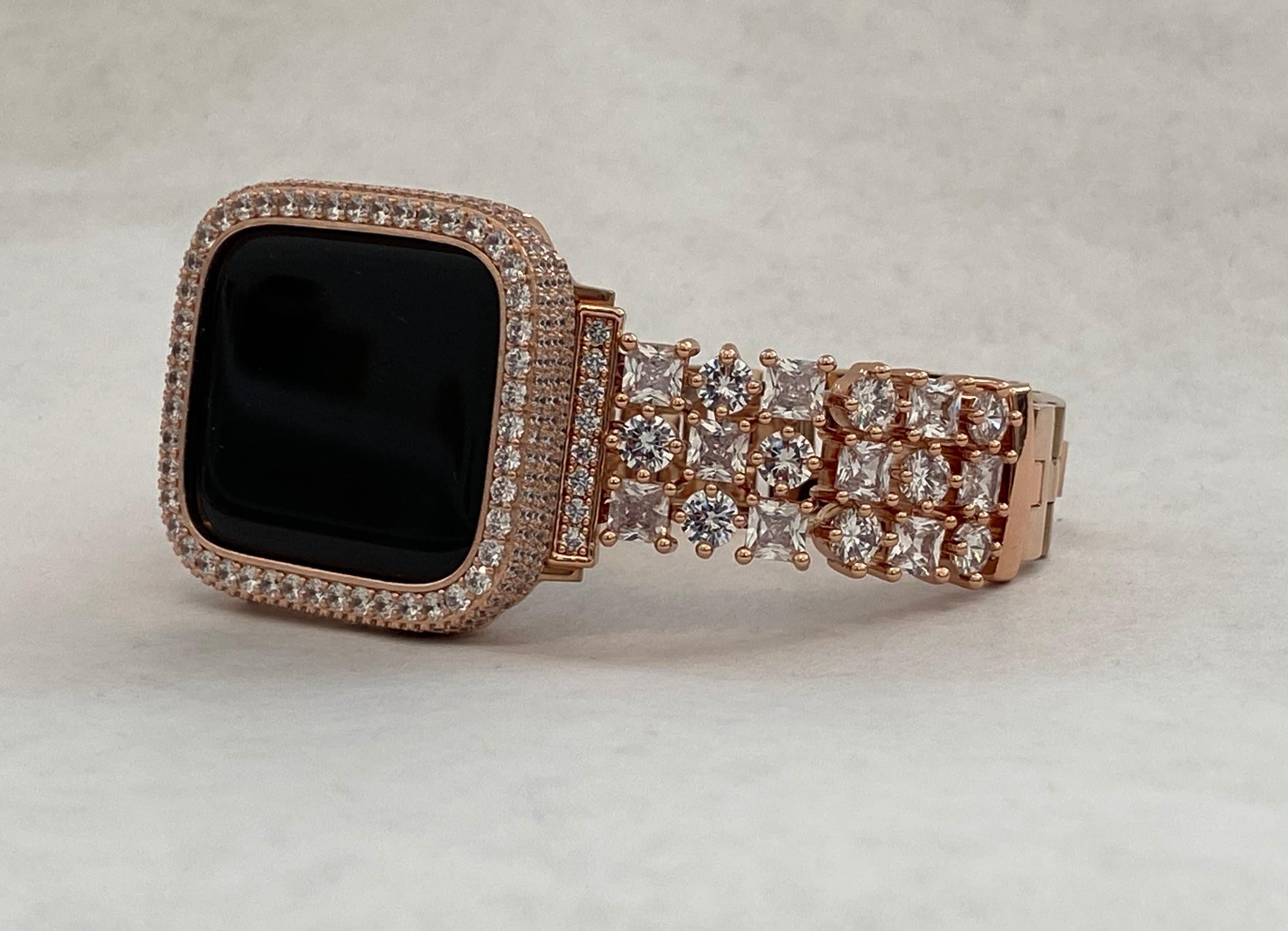 Apple Watch Band Women Rose Gold Swarovski Crystal 38mm-49mm Series 10 & or Apple Watch Cover Lab Diamond Apple Watch Bezel Bling