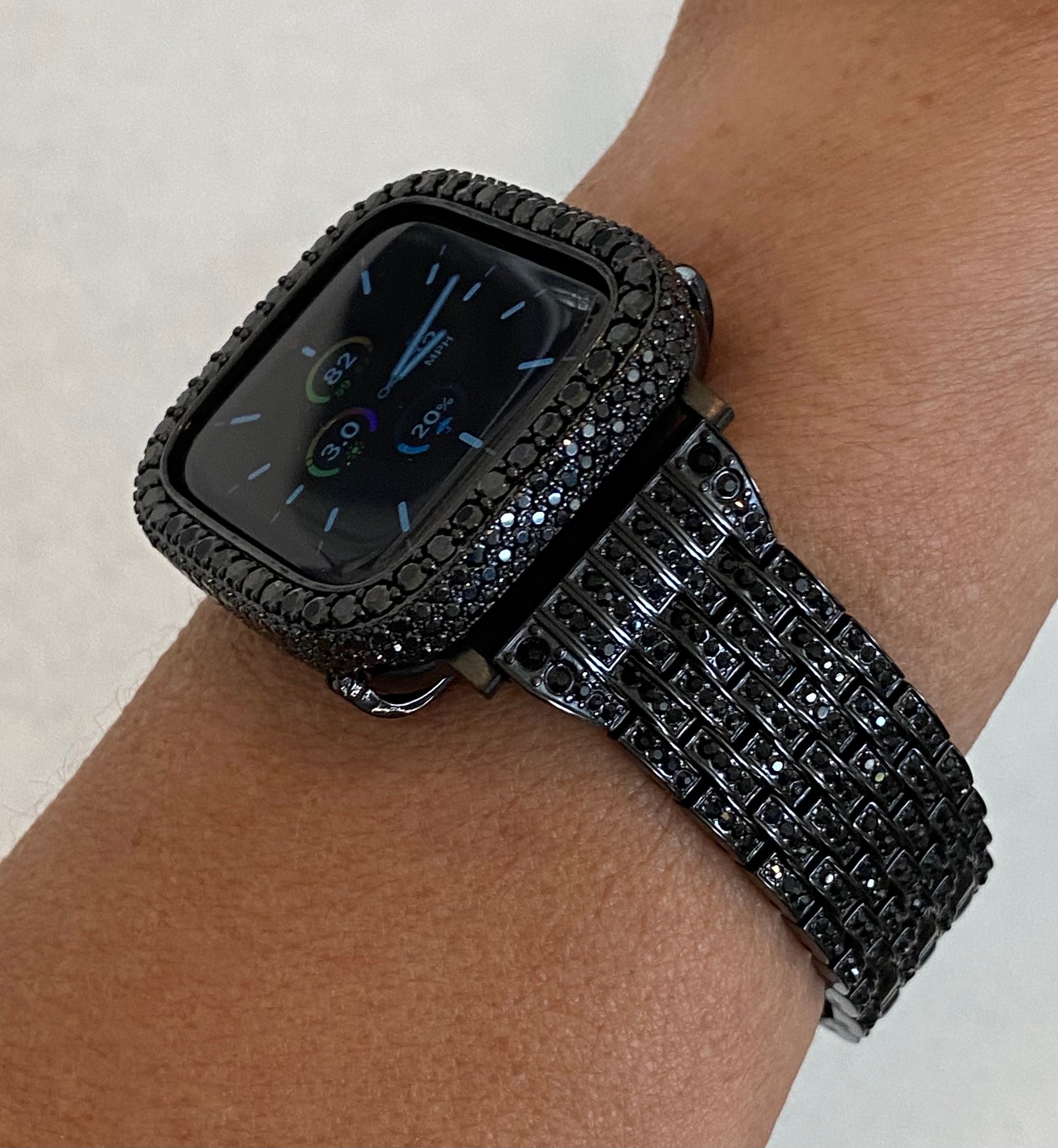 Black on Black Apple Watch Band 30 40 41 42 44 45 49mm Ultra Stainless Steel Crystal & or Apple Watch Cover Lab Diamond Bezel Gift