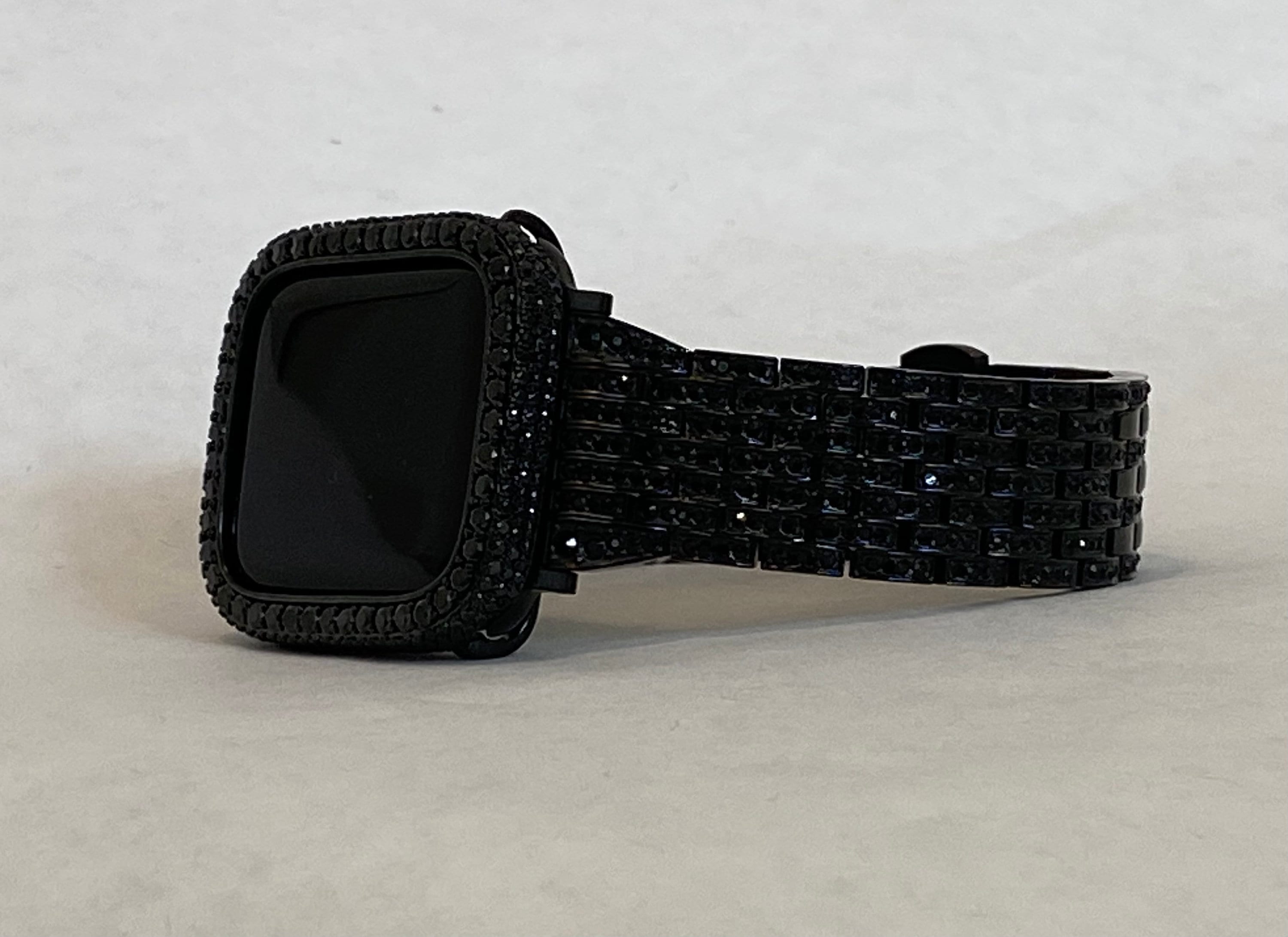 Black on Black Apple Watch Band 30 40 41 42 44 45 49mm Ultra Stainless Steel Crystal & or Apple Watch Cover Lab Diamond Bezel Gift