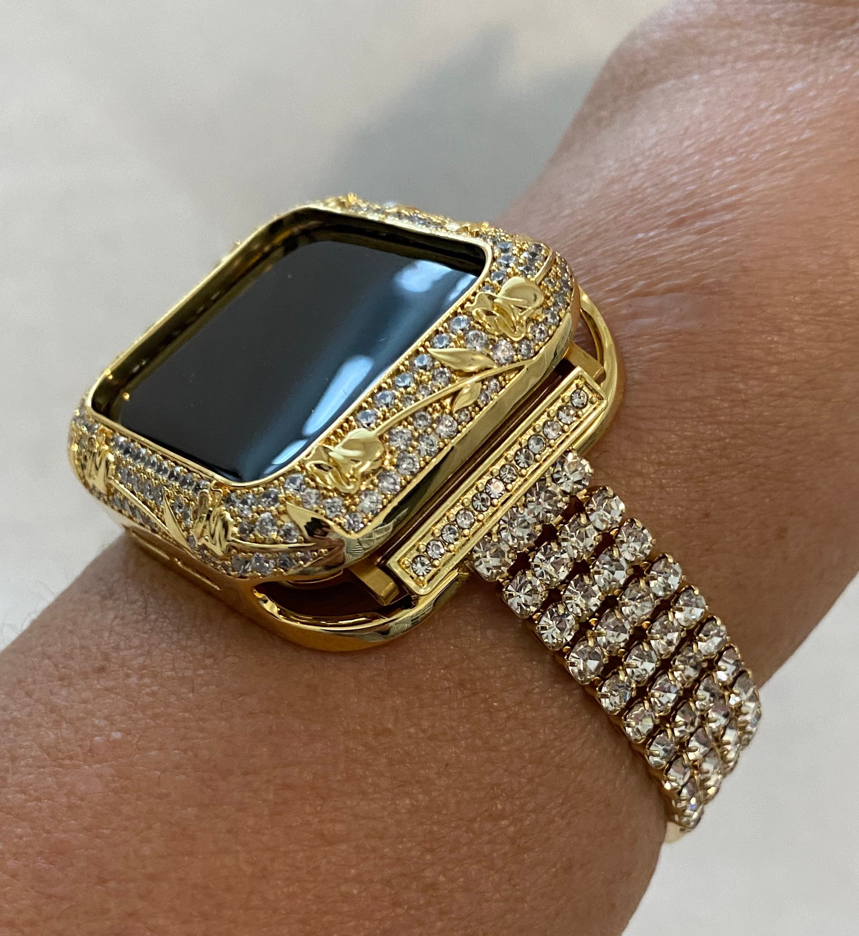 Bling Apple Watch Band Womens Gold Crystals & or Apple Watch Case Lab Diamond Bezel Cover 38mm 40mm 42mm 44mm Iwatch Candy