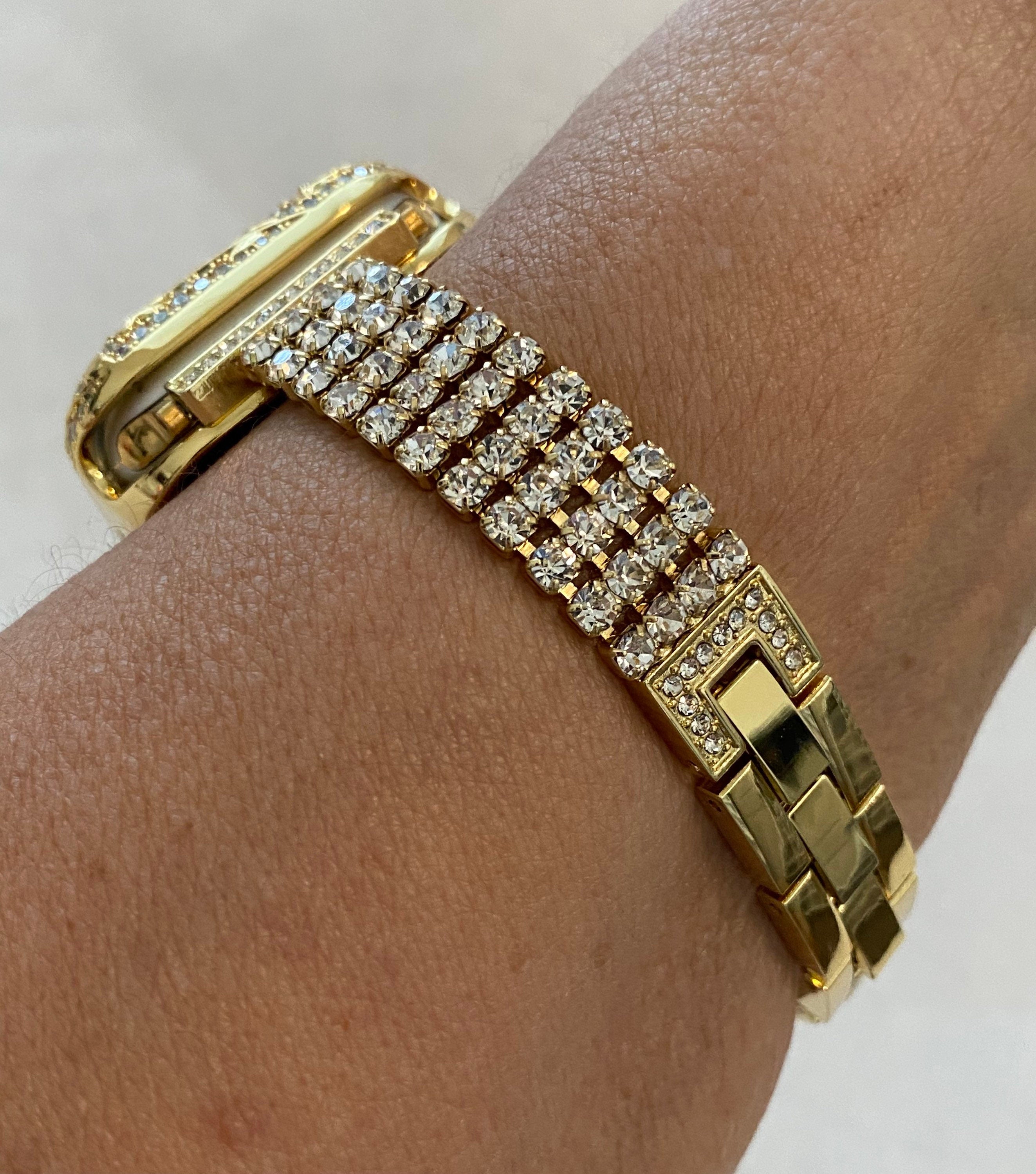 Bling Apple Watch Band Womens Gold Crystals & or Apple Watch Case Lab Diamond Bezel Cover 38mm 40mm 42mm 44mm Iwatch Candy
