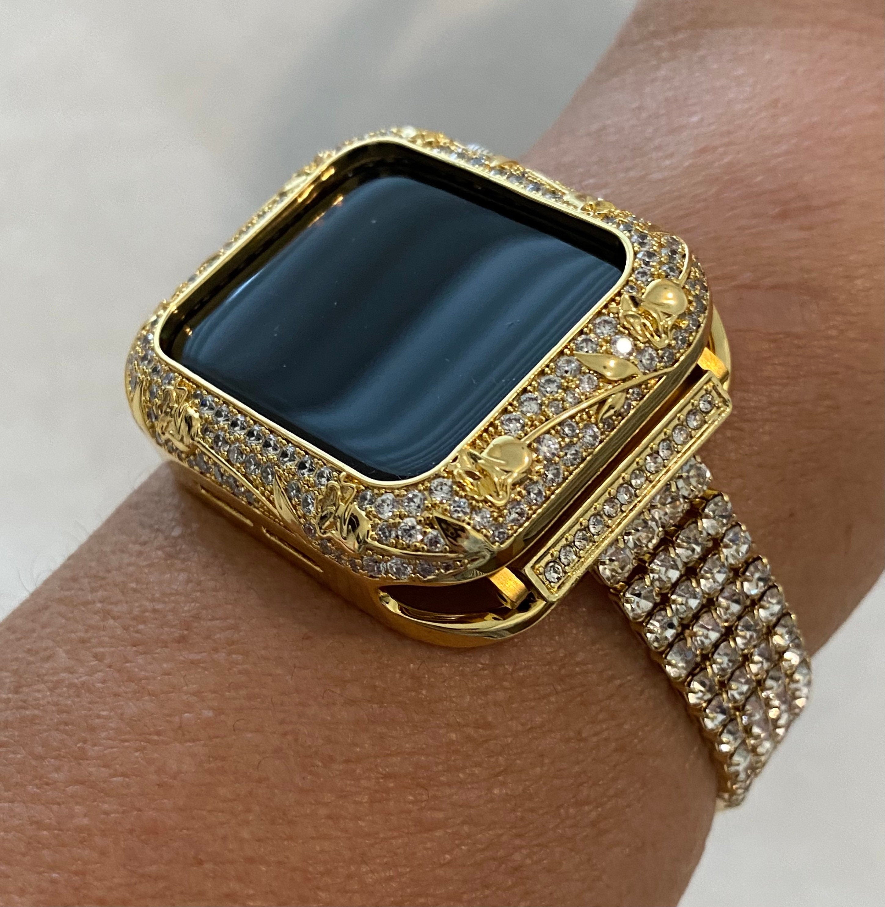 Bling Apple Watch Band Womens Gold Crystals & or Apple Watch Case Lab Diamond Bezel Cover 38mm 40mm 42mm 44mm Iwatch Candy
