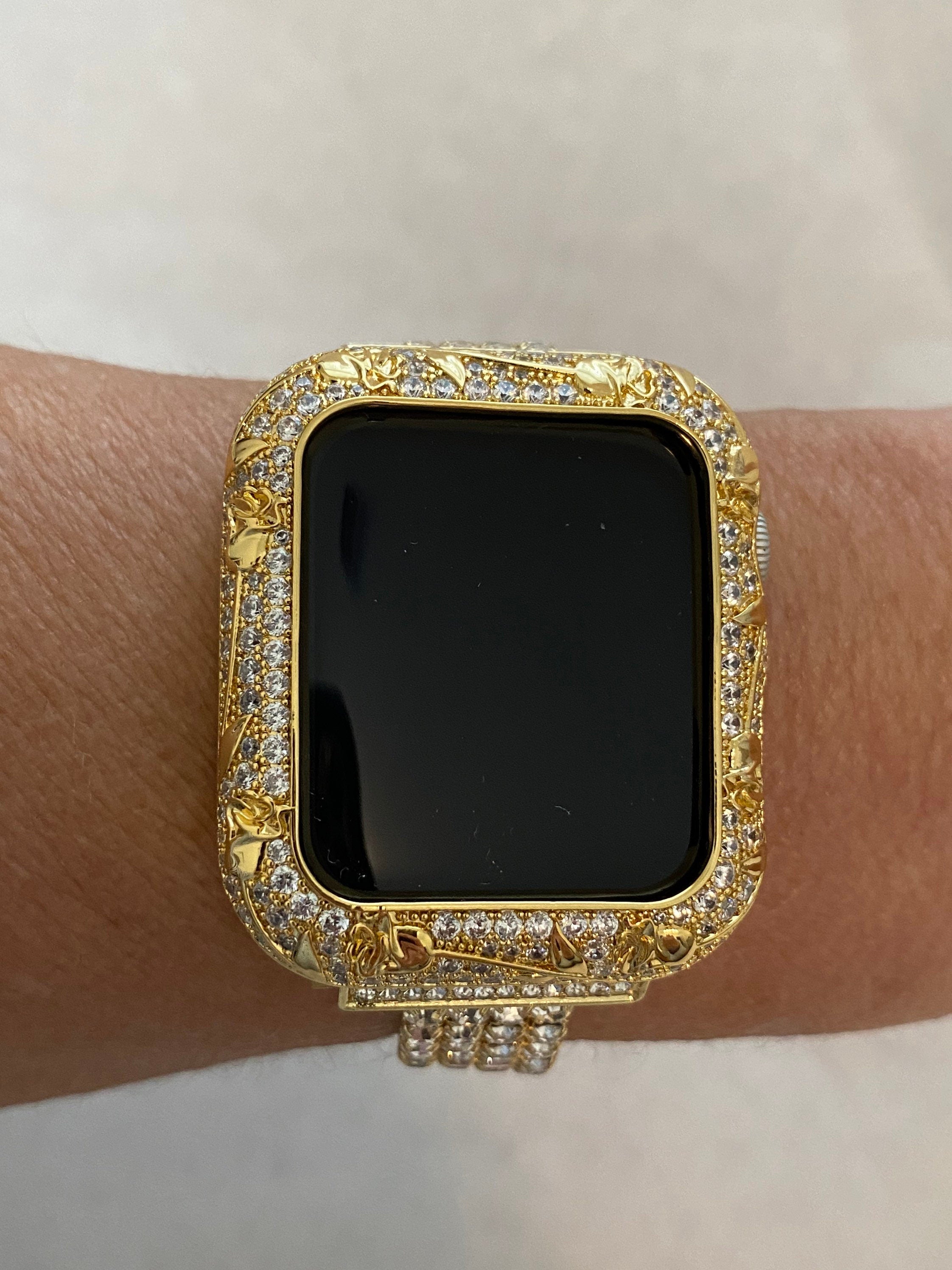 Bling Apple Watch Band Womens Gold Crystals & or Apple Watch Case Lab Diamond Bezel Cover 38mm 40mm 42mm 44mm Iwatch Candy