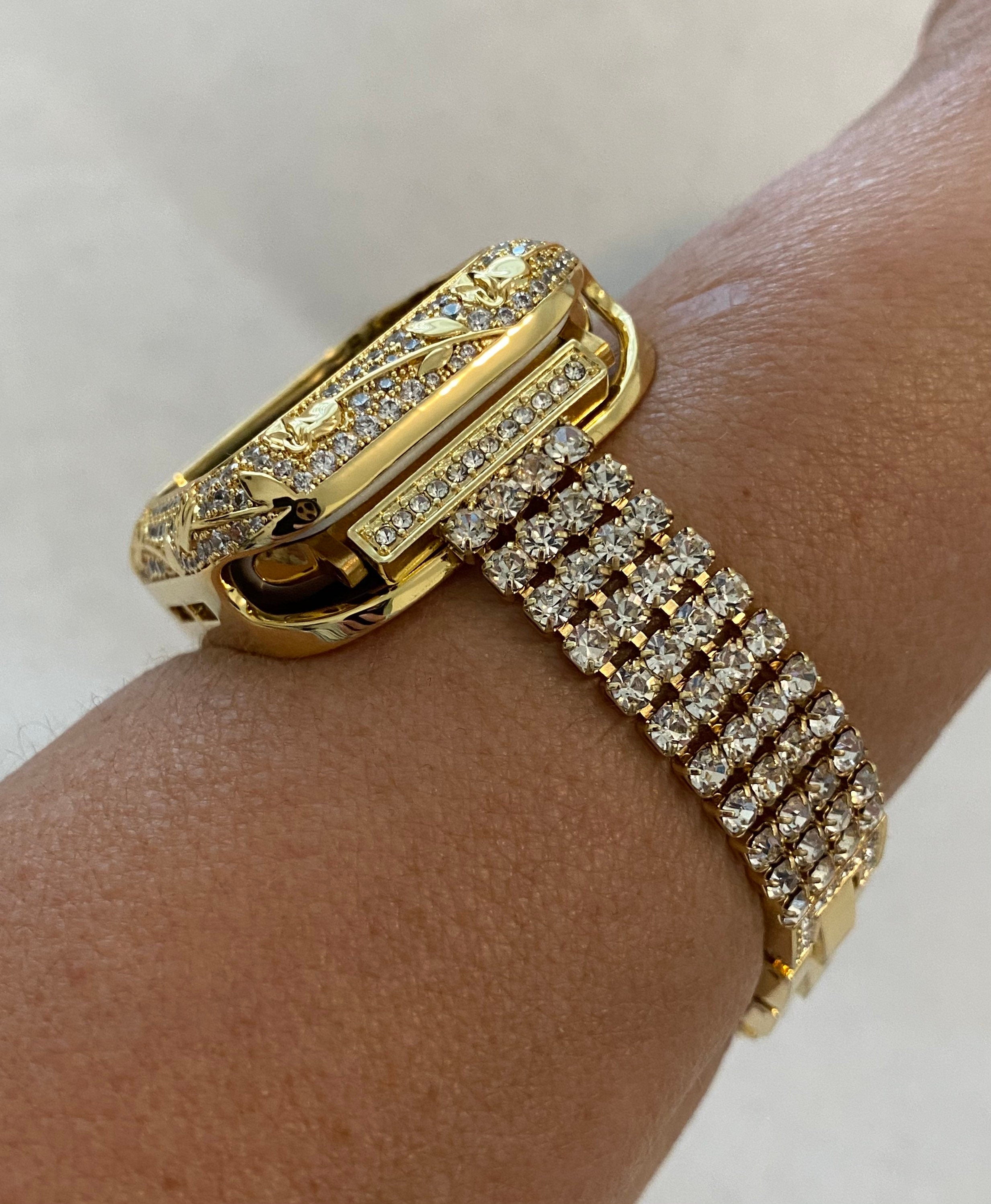 Bling Apple Watch Band Womens Gold Crystals & or Apple Watch Case Lab Diamond Bezel Cover 38mm 40mm 42mm 44mm Iwatch Candy
