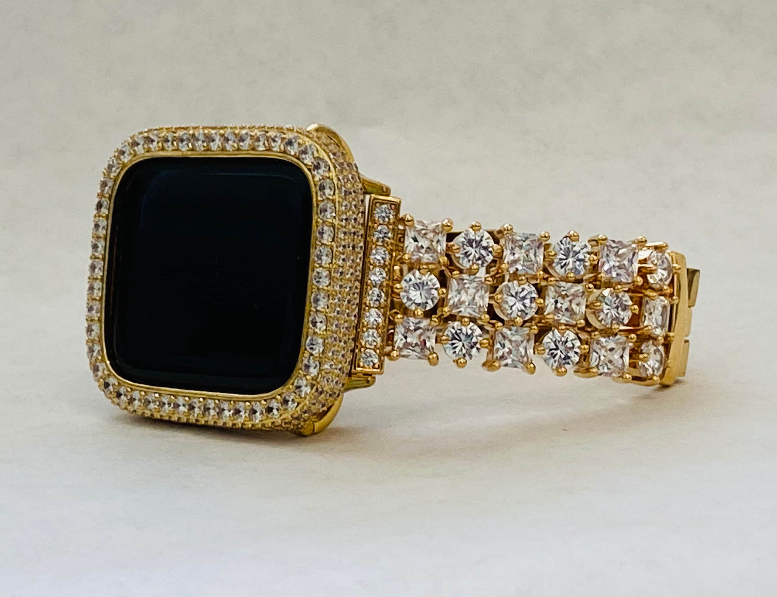 Apple Watch Band Gold Swarovski Crystals & or Apple Watch Cover Lab Diamond Bezel Apple Watch Case Smartwatch Bumper 38mm-49mm Ultra Bling