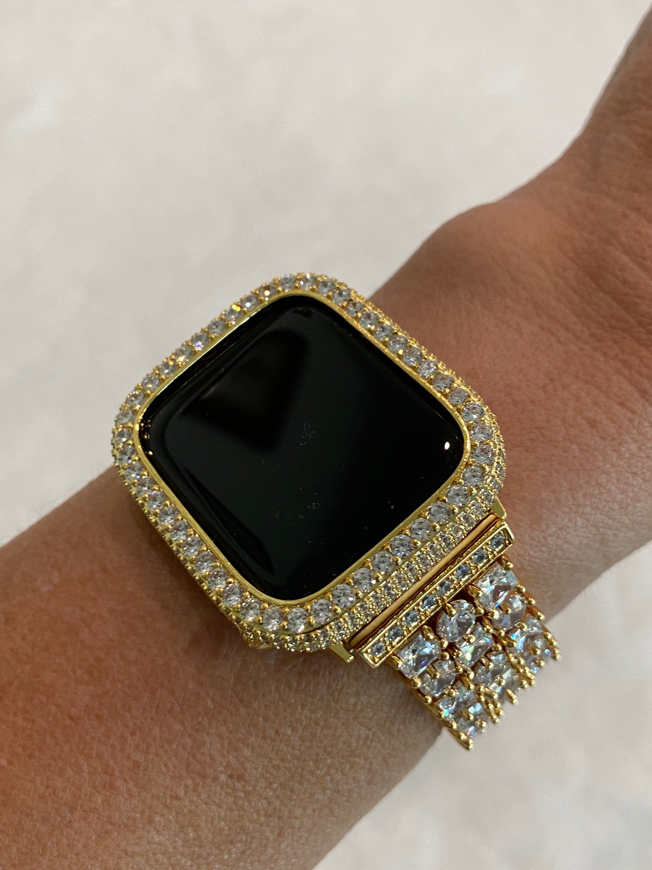 Apple Watch Band Gold Swarovski Crystals & or Apple Watch Cover Lab Diamond Bezel Apple Watch Case Smartwatch Bumper 38mm-49mm Ultra Bling