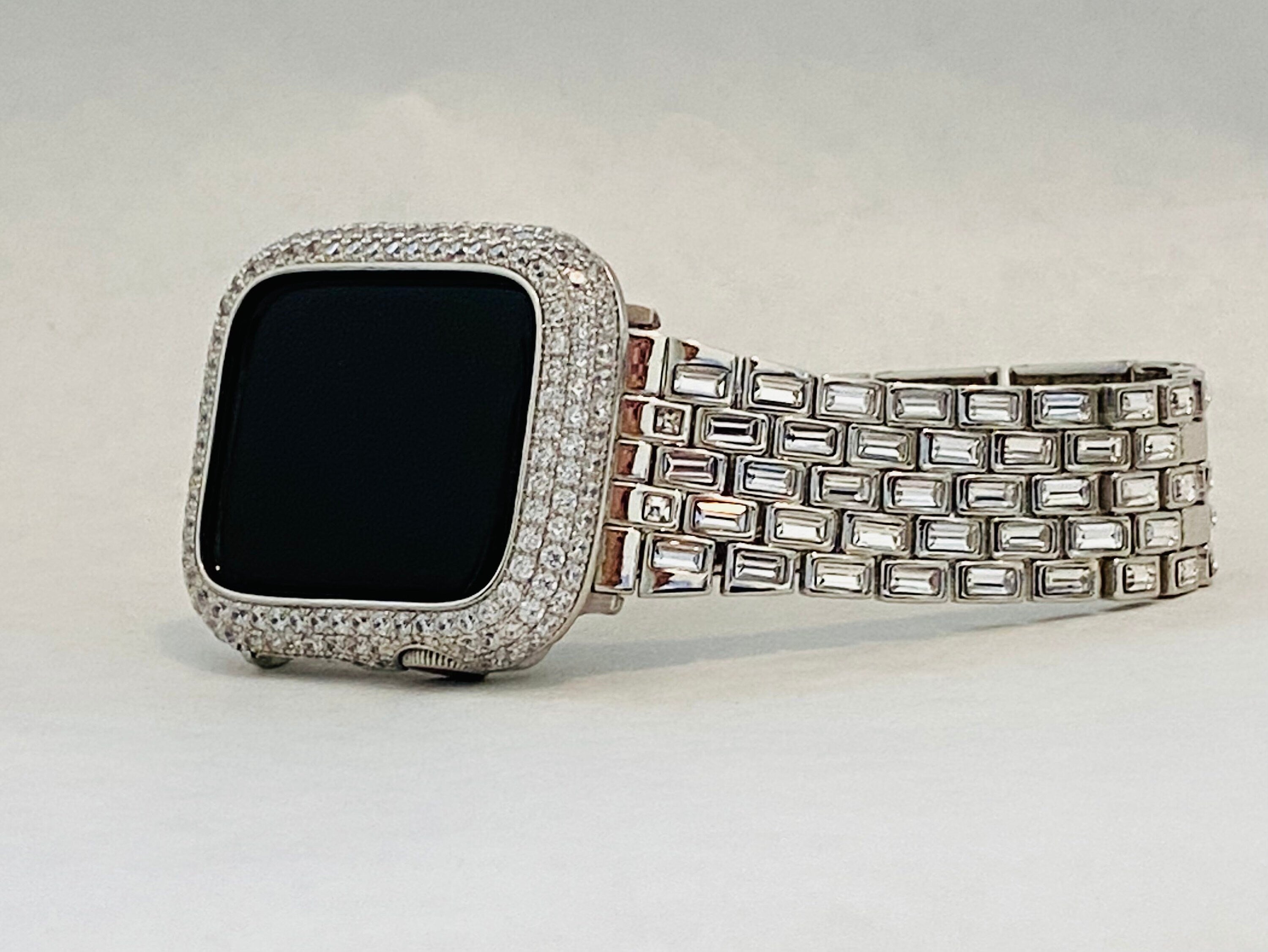 Silver Apple Watch Band Swarovski Crystal Baguettes & or Apple Watch Cover Lab Diamond Bezel Case Smartwatch Bumper 38mm-49mm Ultra
