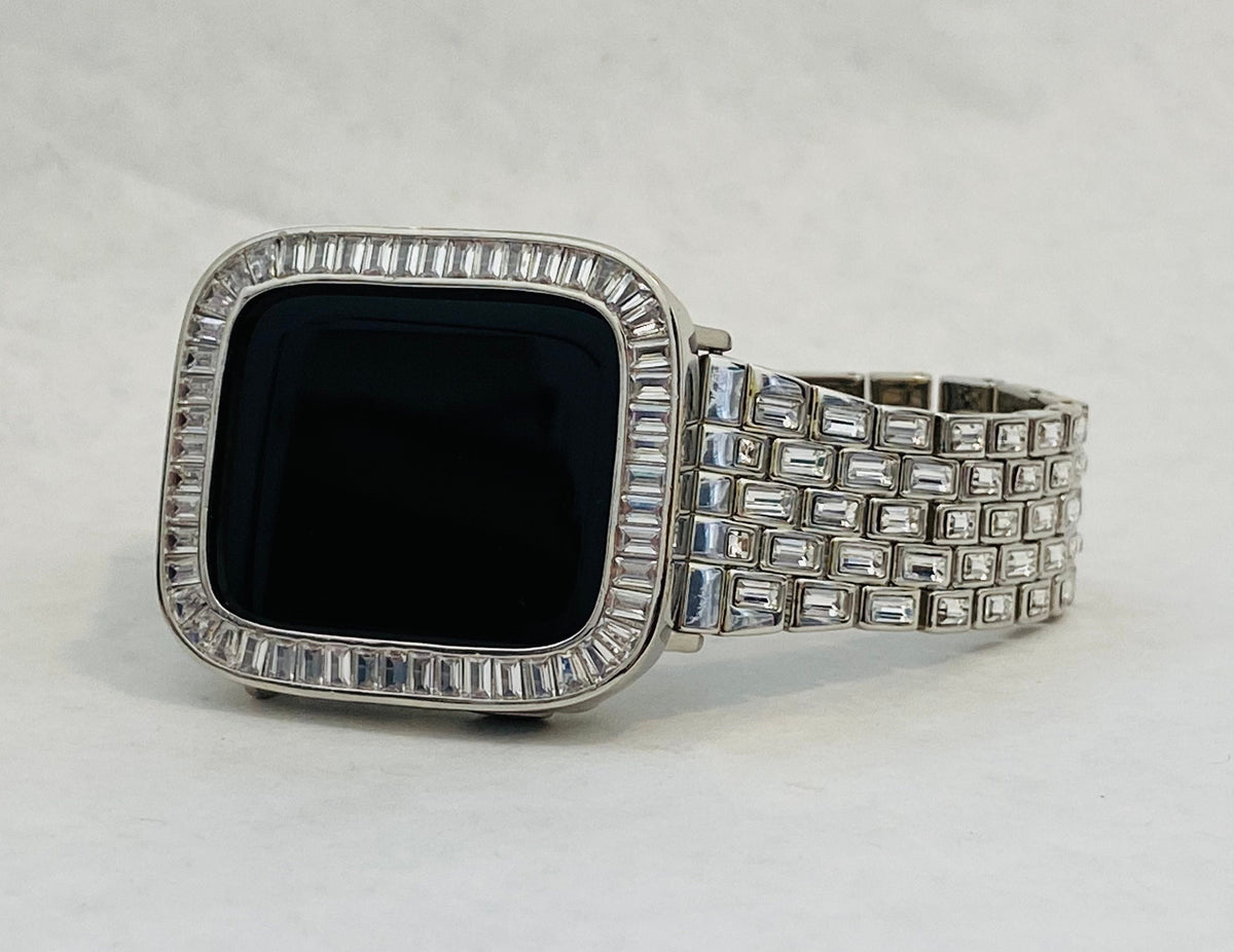 Custom Silver Apple Watch Band Swarovski Crystal Baguettes 38mm-46mm & or Apple Watch Case Baguette Lab Diamond Bezel Cover Gift