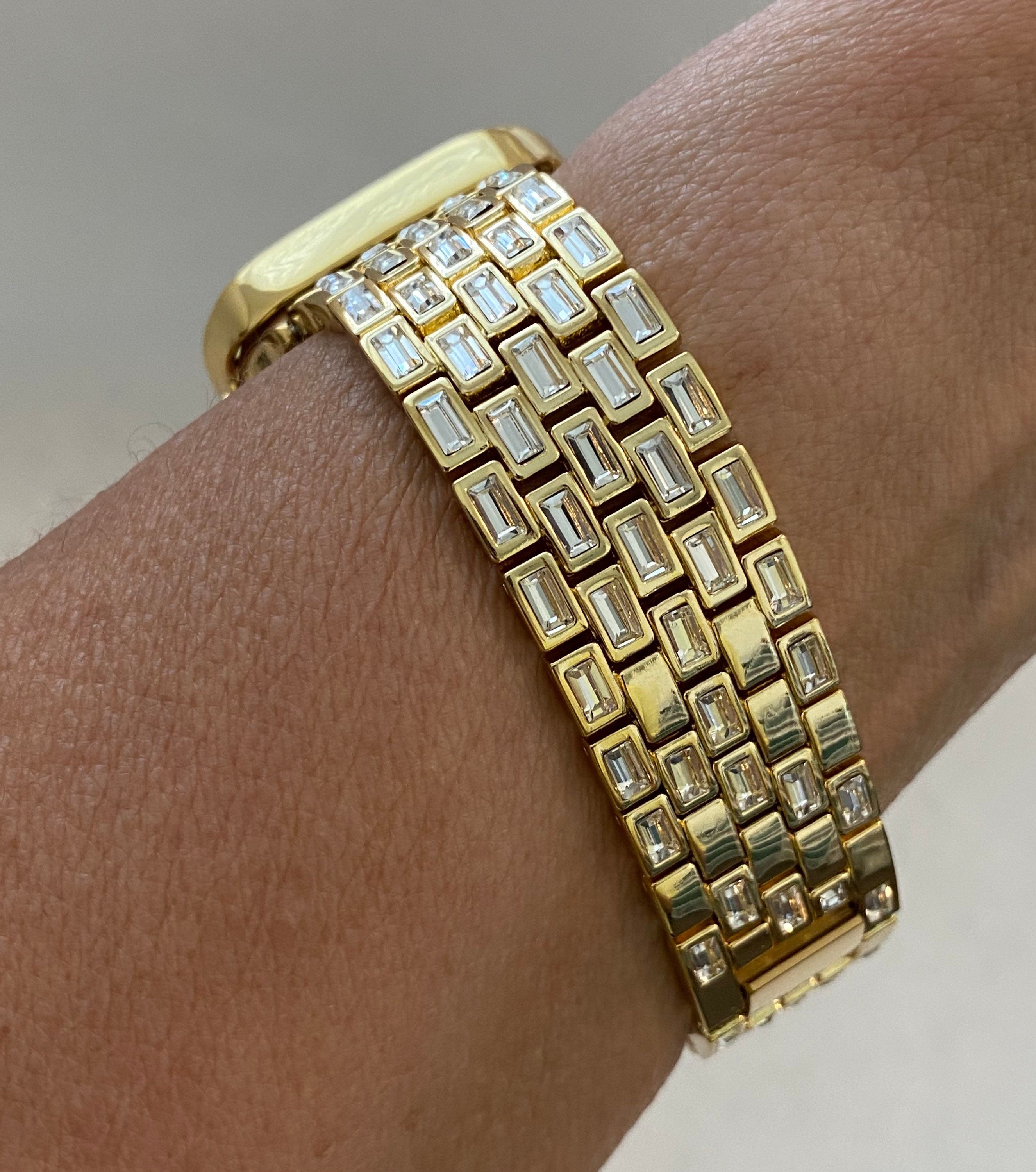 Gold Apple Watch Band Womens Swarovski Crystal Baguettes 38mm 40mm 41mm 42mm 44mm 45mm & or Apple Watch Cover Lab Diamonds Smartwatch Case