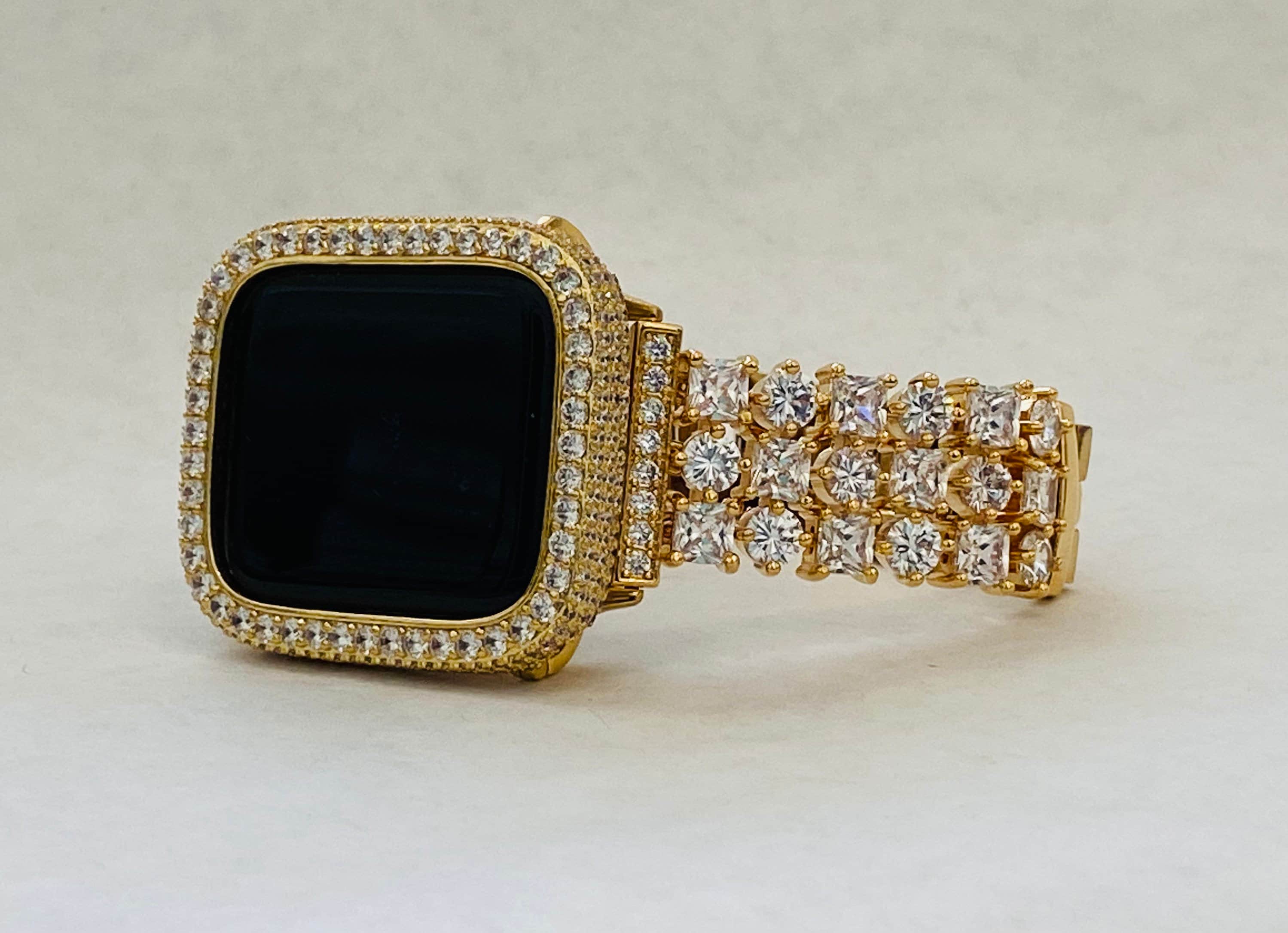 Apple Watch Band Gold Swarovski Crystals & or Apple Watch Cover Lab Diamond Bezel Apple Watch Case Smartwatch Bumper 38mm-49mm Ultra Bling