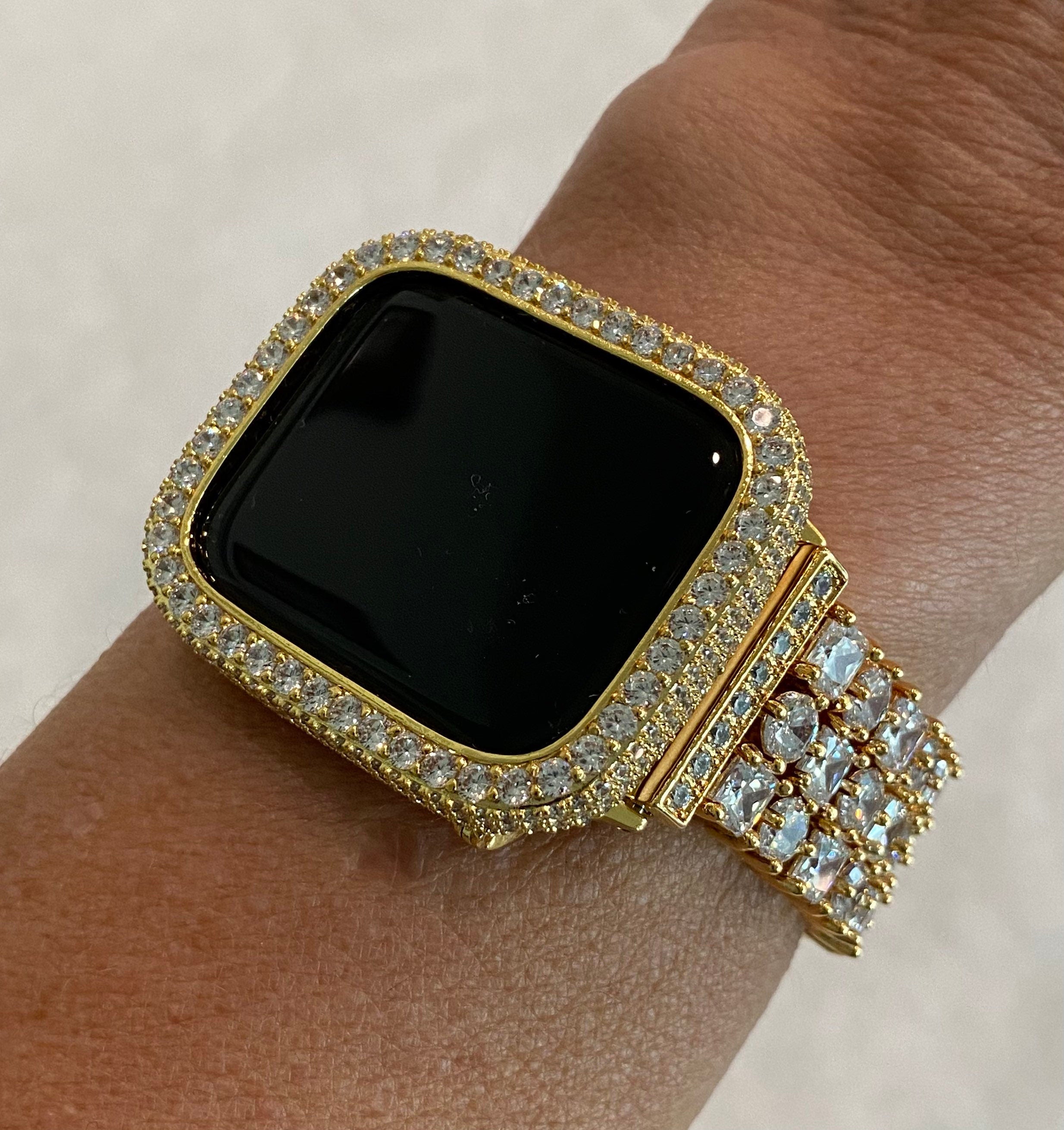 Apple Watch Band Gold Swarovski Crystals & or Apple Watch Cover Lab Diamond Bezel Apple Watch Case Smartwatch Bumper 38mm-49mm Ultra Bling
