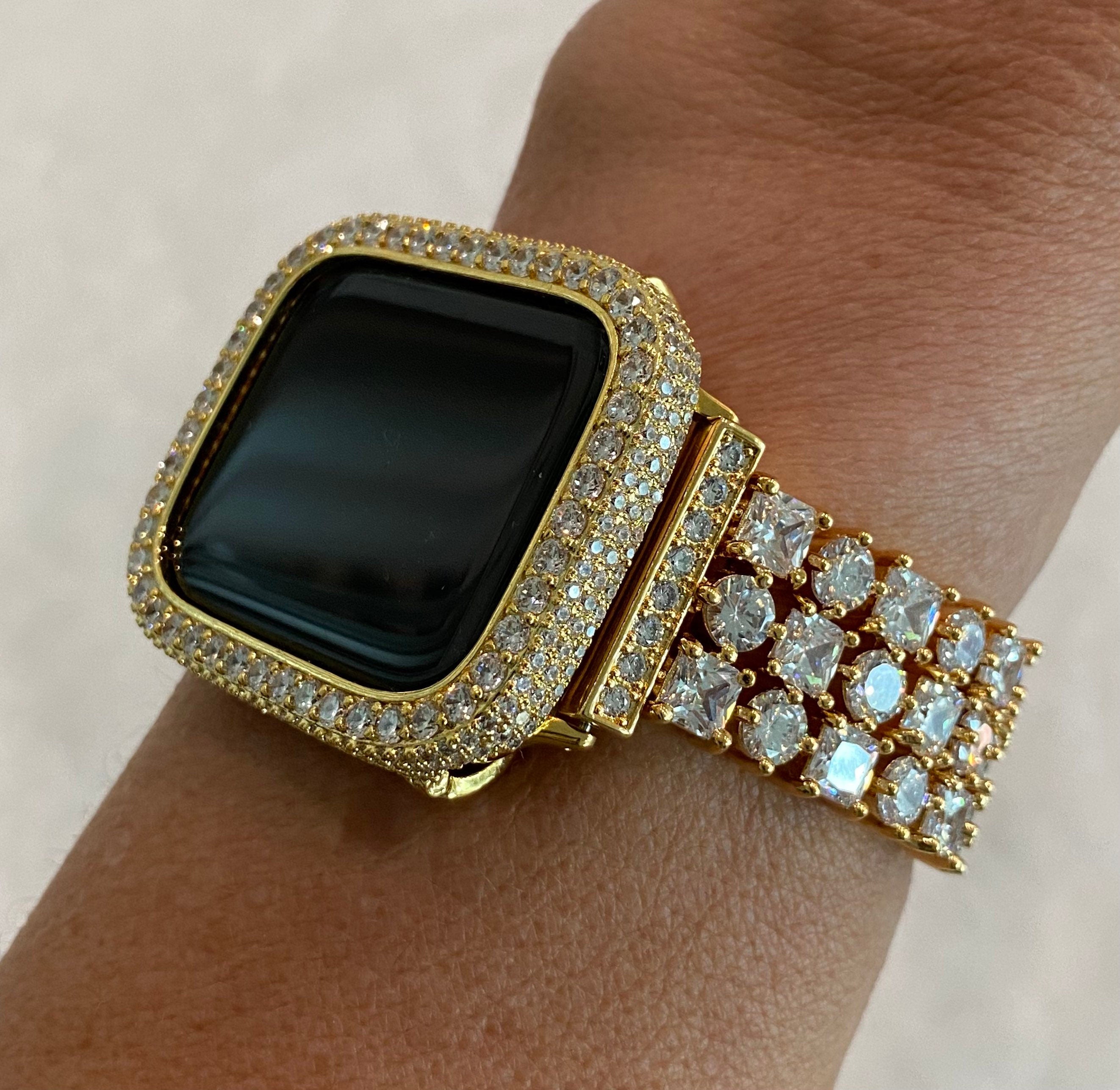 Apple Watch Band Gold Swarovski Crystals & or Apple Watch Cover Lab Diamond Bezel Apple Watch Case Smartwatch Bumper 38mm-49mm Ultra Bling