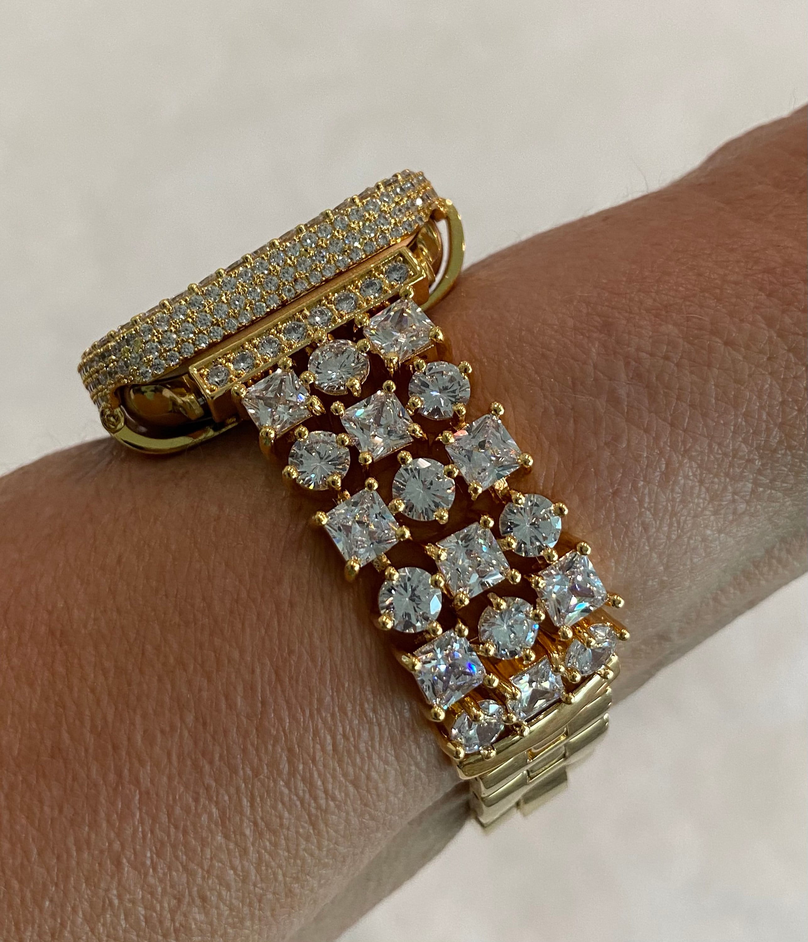 Apple Watch Band Gold Swarovski Crystals & or Apple Watch Cover Lab Diamond Bezel Apple Watch Case Smartwatch Bumper 38mm-49mm Ultra Bling