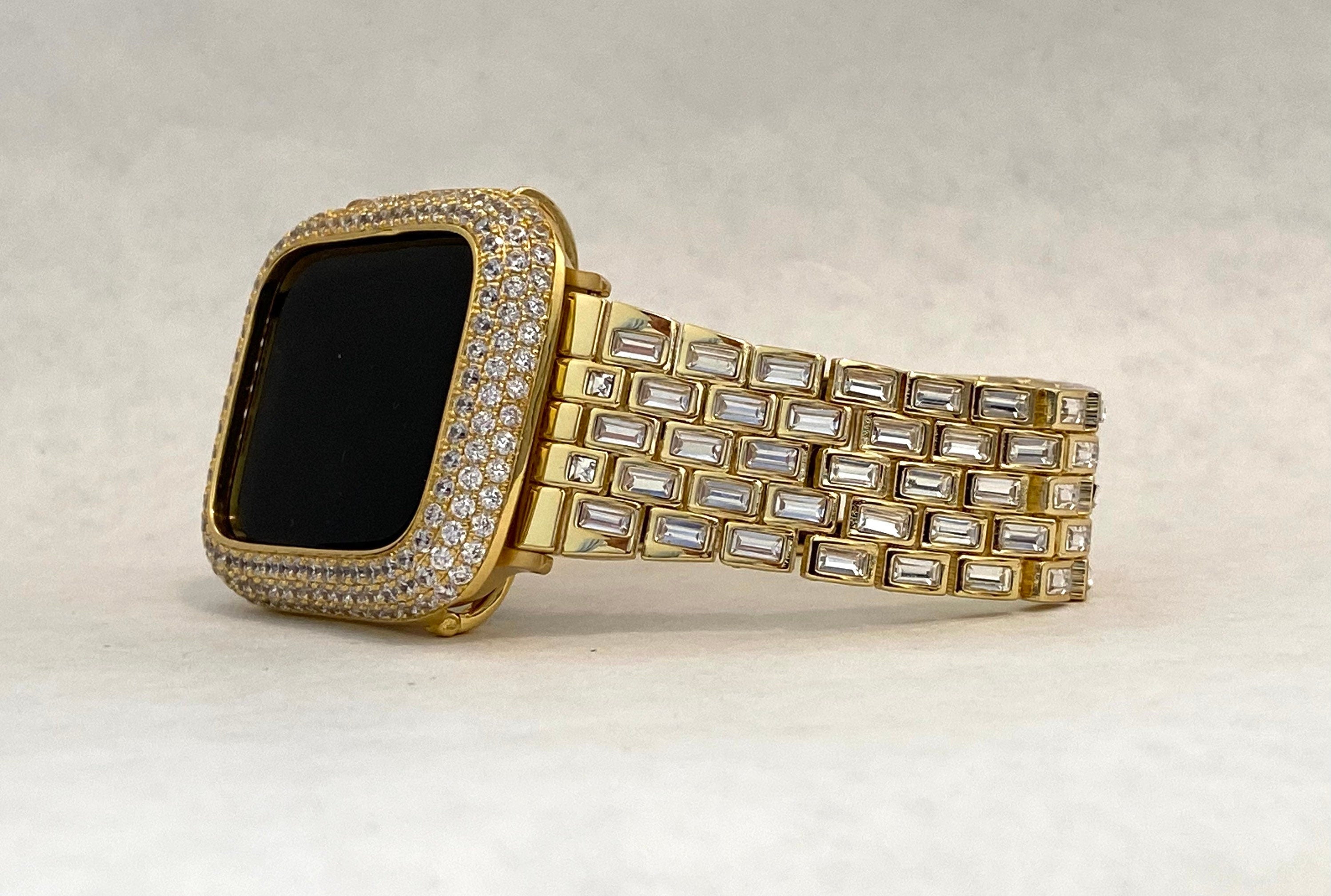 Gold Apple Watch Band Swarovski Crystal Baguettes & or Apple Watch Cover Lab Diamond Bezel Protective Iphone Case 38mm-49mm Ultra Iwatch