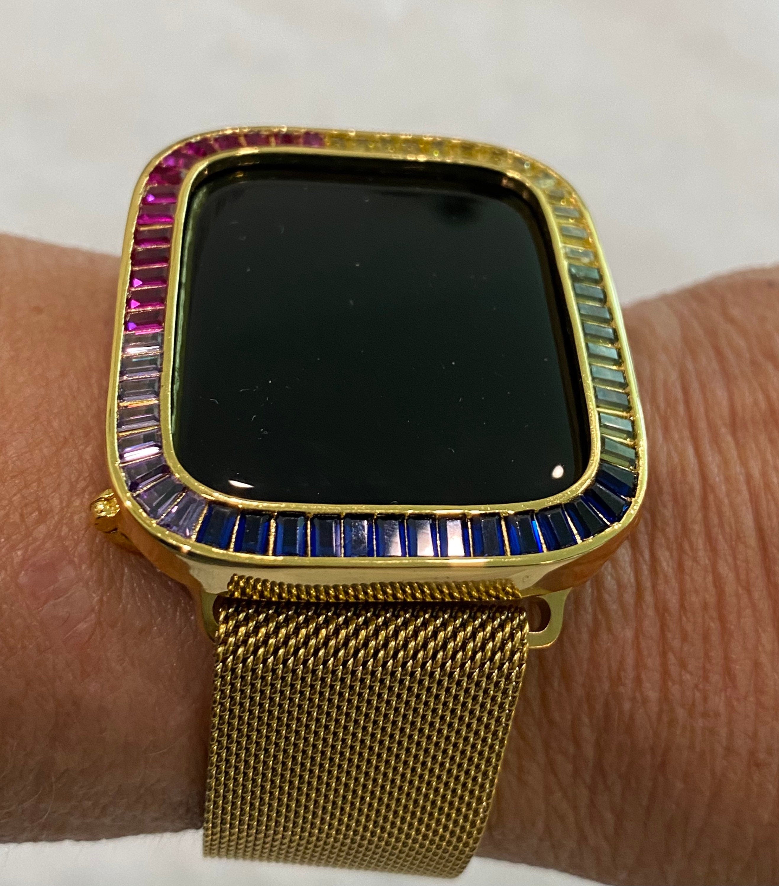 Rainbow Apple Watch Cover Gold Lab Diamond Bezel 40mm 41mm 44mm 45mm Apple Watch Case Smartwatch Bumper Bling Iwatch Candy