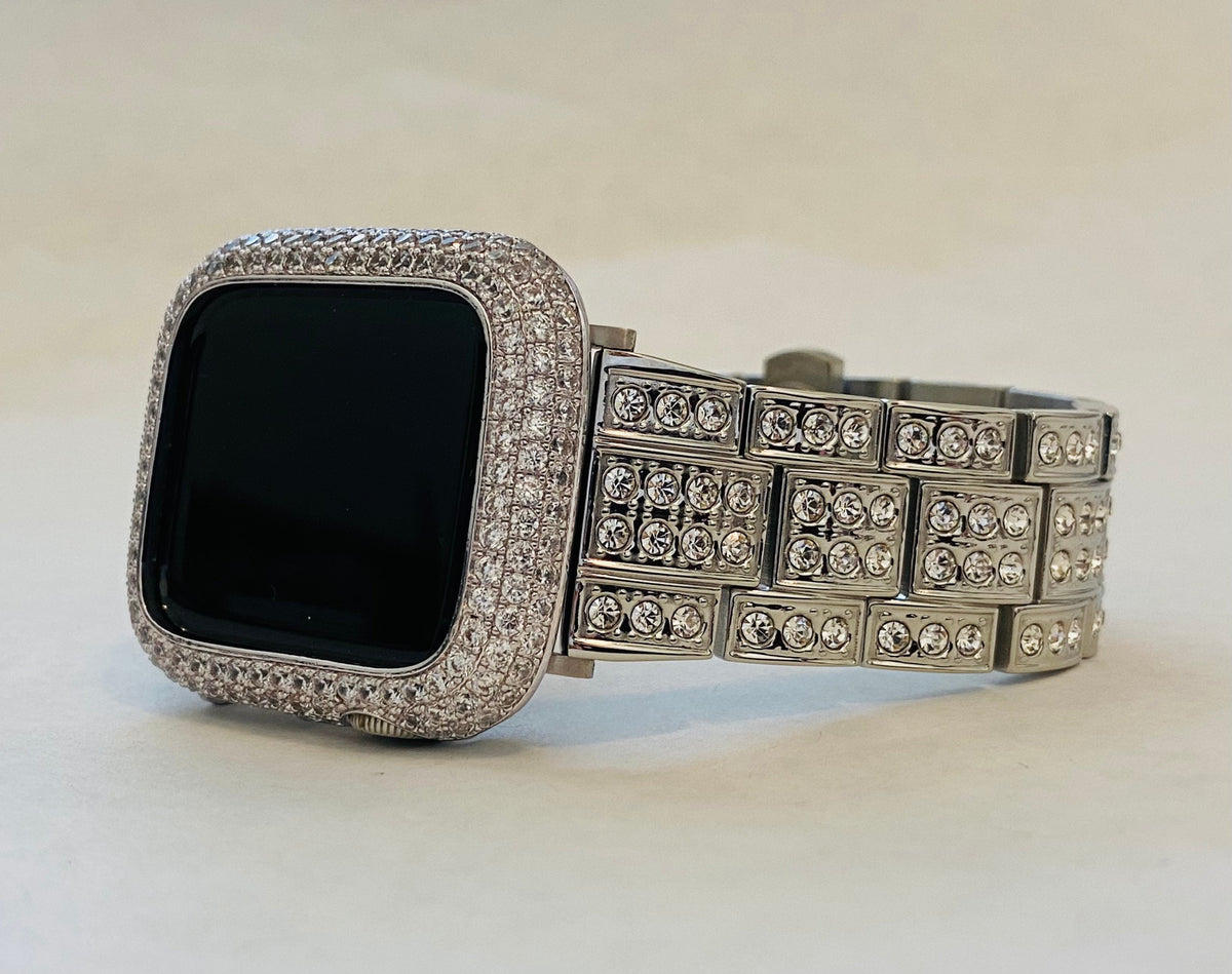 Apple Watch Band Stainless Steel Silver High End Crystals & or Apple Watch Cover Lab Diamond Bezel Iphone Watch Case 38mm-49mm Ultra