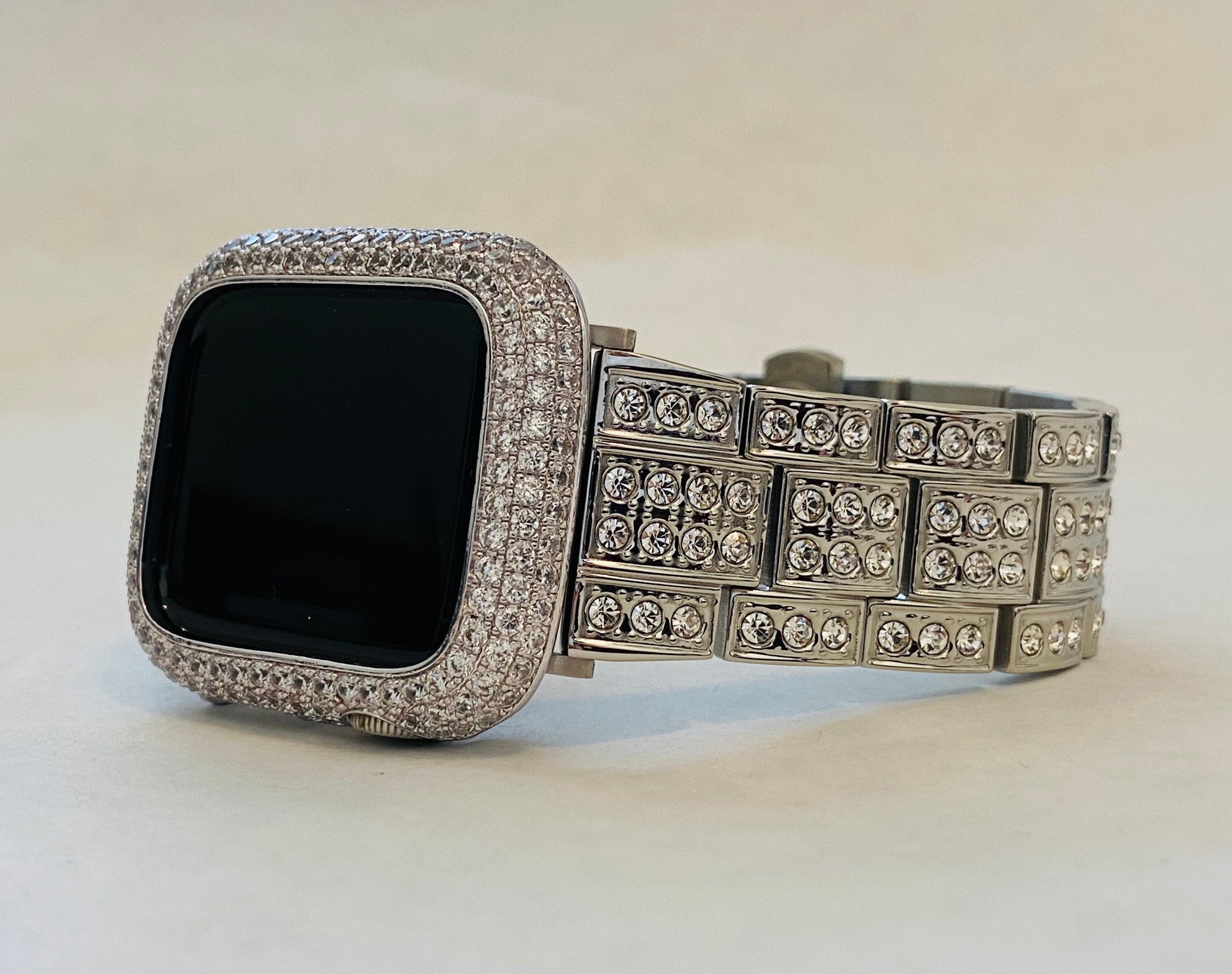 Apple Watch Band Silver Stainless Steel Swarovski Crystal & or Apple Watch Cover Lab Diamond Bezel 38 40 41 42 44 45 46 49mm Ultra Series 10