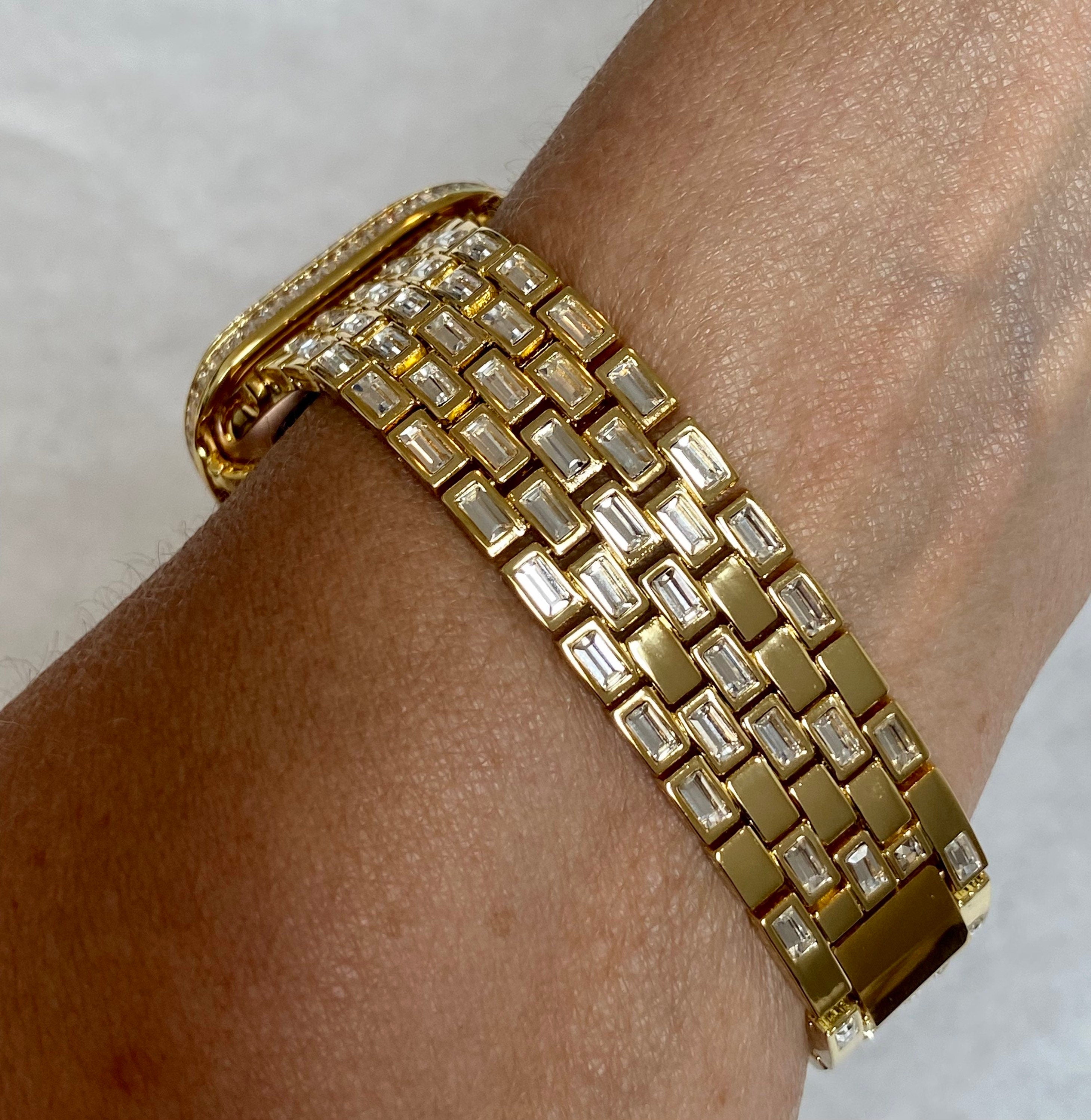 Custom Gold Apple Watch Band Swarovski Crystal Baguettes & or Apple Watch Cover Lab Diamond Baguette Bezel Case 40mm 44mm 41mm 45mm