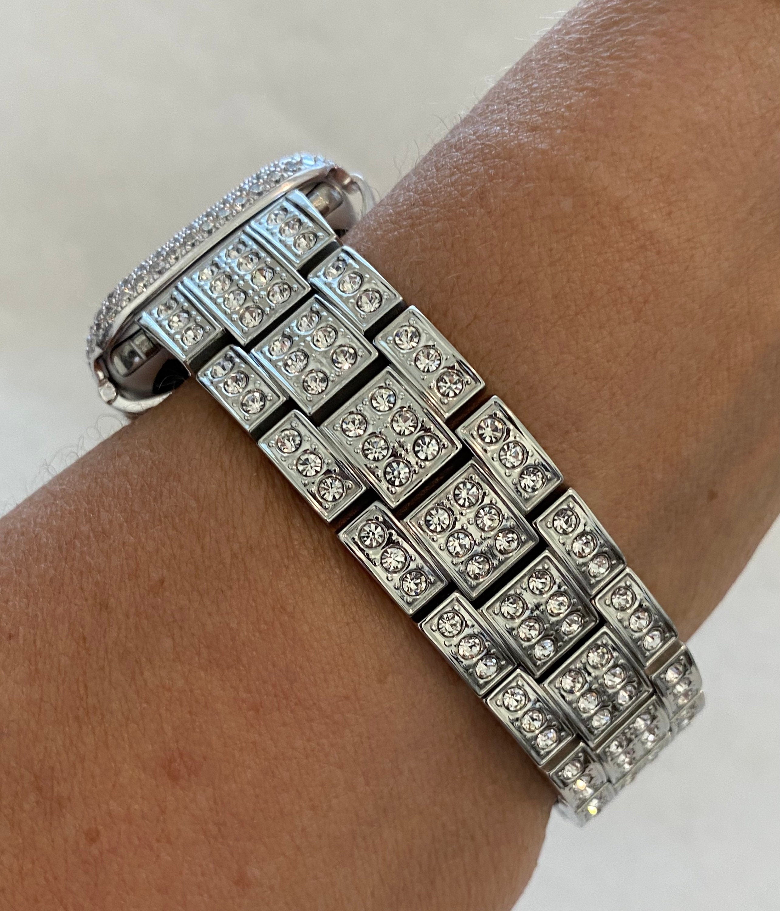 Apple Watch Band Stainless Steel Silver Swarovski Crystals & or Apple Watch Cover Lab Diamond Bezel Iphone Watch Case 38mm-49mm Ultra