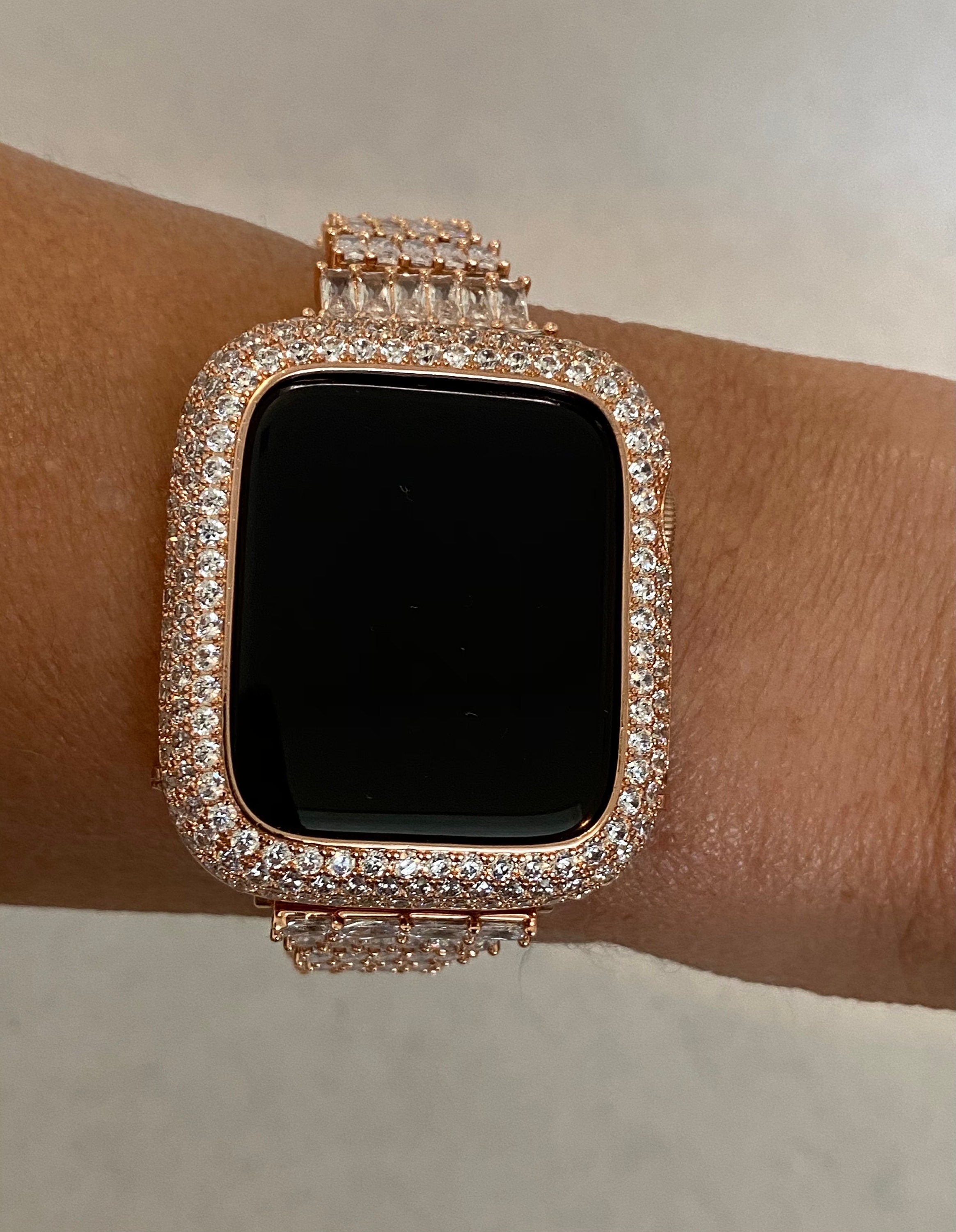 Designer Apple Watch Band 41mm 45mm 49mm Rose Gold Swarovski Crystal & or Apple Watch Case Lab Diamond Bezel Cover Smartwatch Bumper 38-44mm