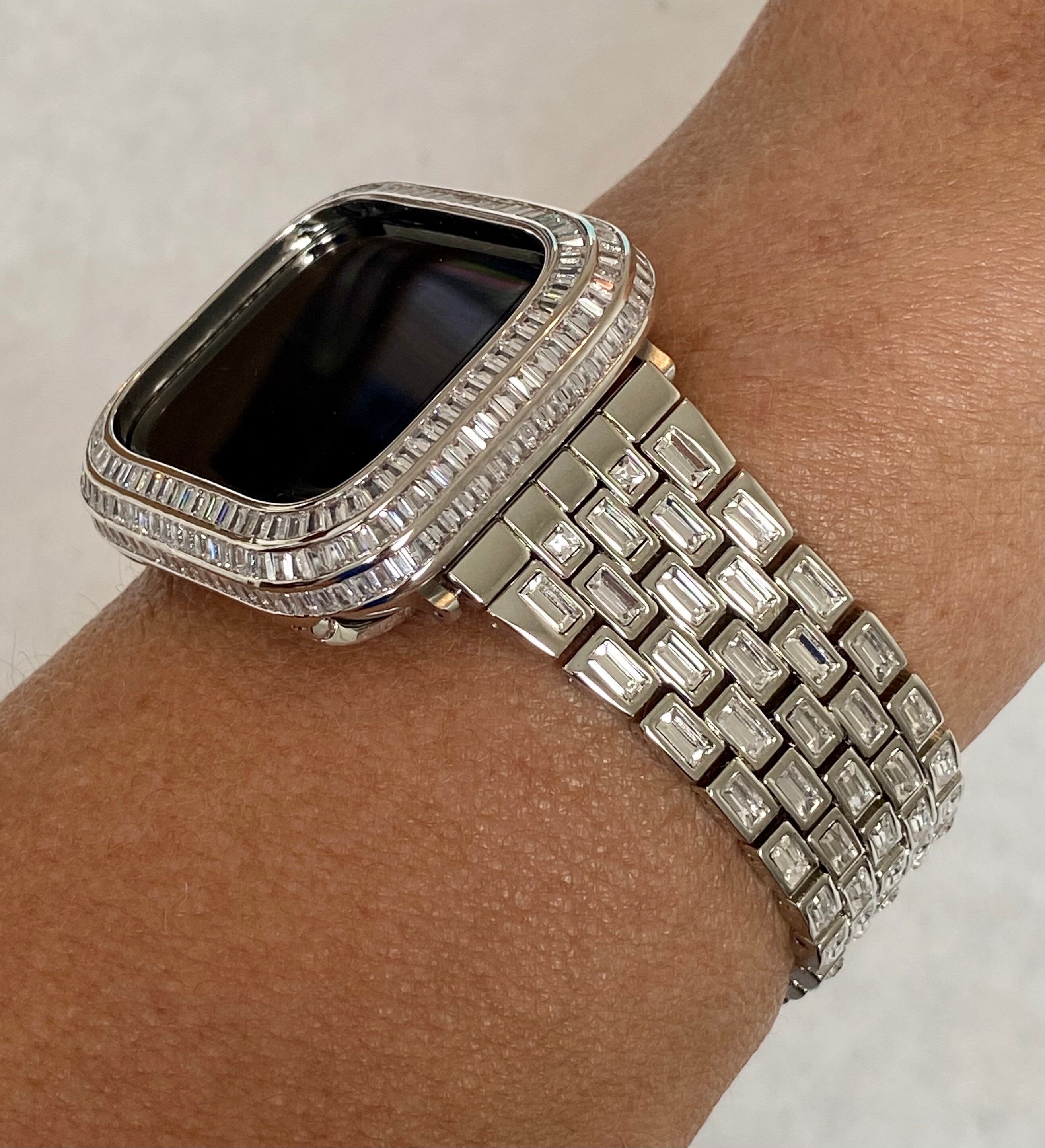 Silver Apple Watch Band Silver 40mm 41mm 44mm 45mm & or White Gold Lab Diamond Baguette Bezel Cover Smartwatch Bumper Bling Series 4-9 SE