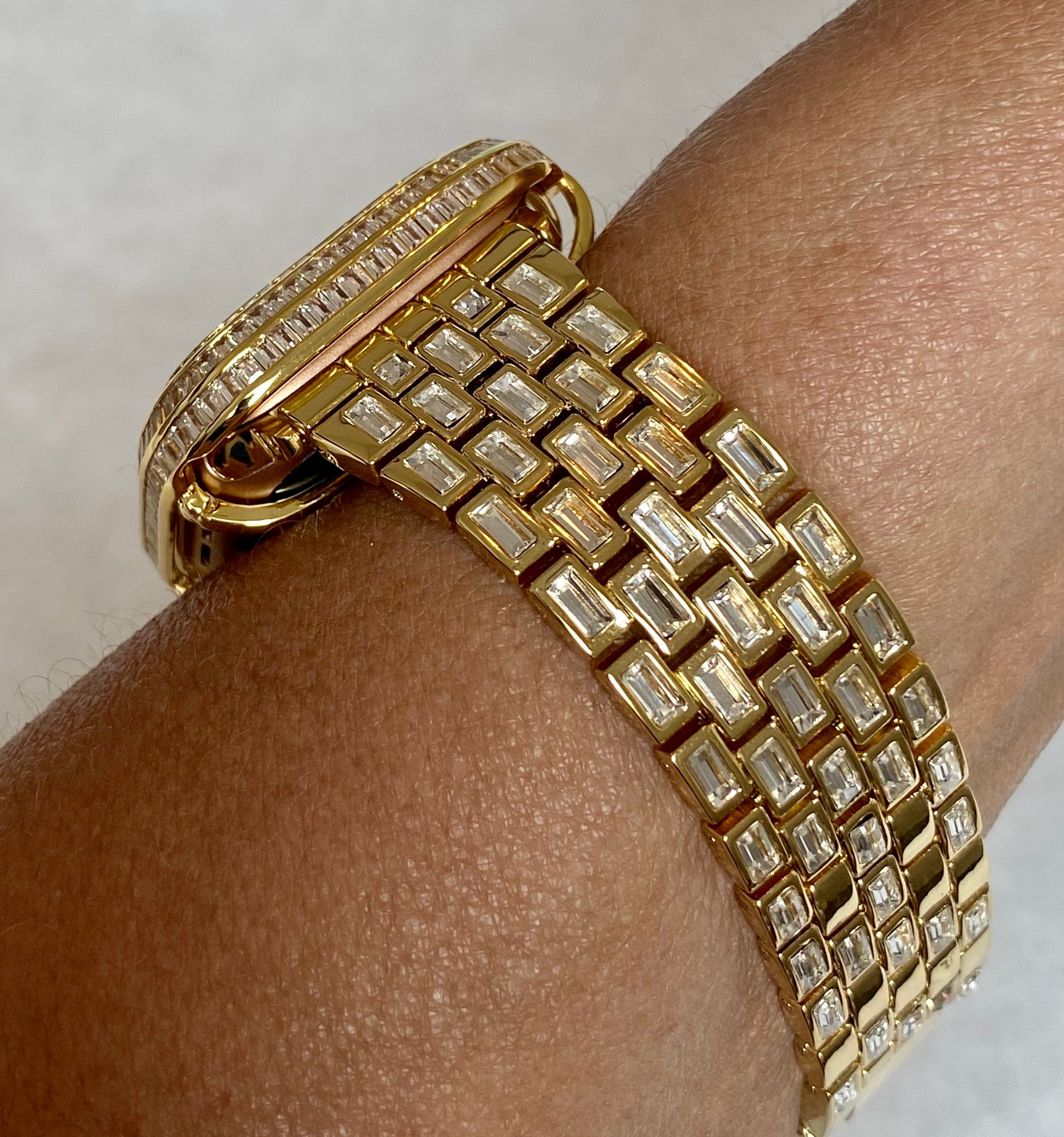 Custom Gold Apple Watch Band Swarovski Crystal Baguettes & or Apple Watch Cover Lab Diamond Baguette Bezel Case 40mm 44mm 41mm 45mm
