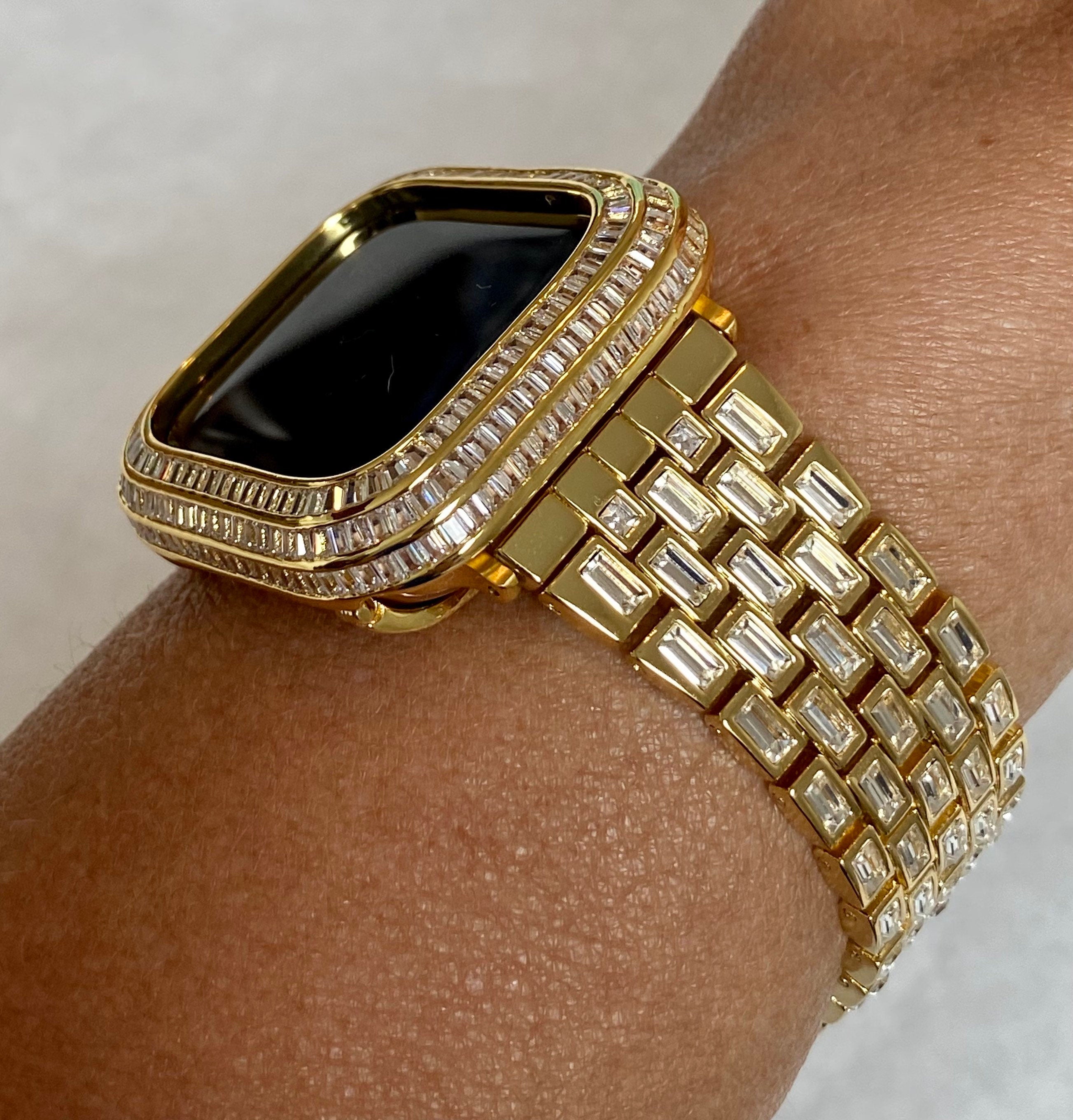 Custom Gold Apple Watch Band Swarovski Crystal Baguettes & or Apple Watch Cover Lab Diamond Baguette Bezel Case 40mm 44mm 41mm 45mm