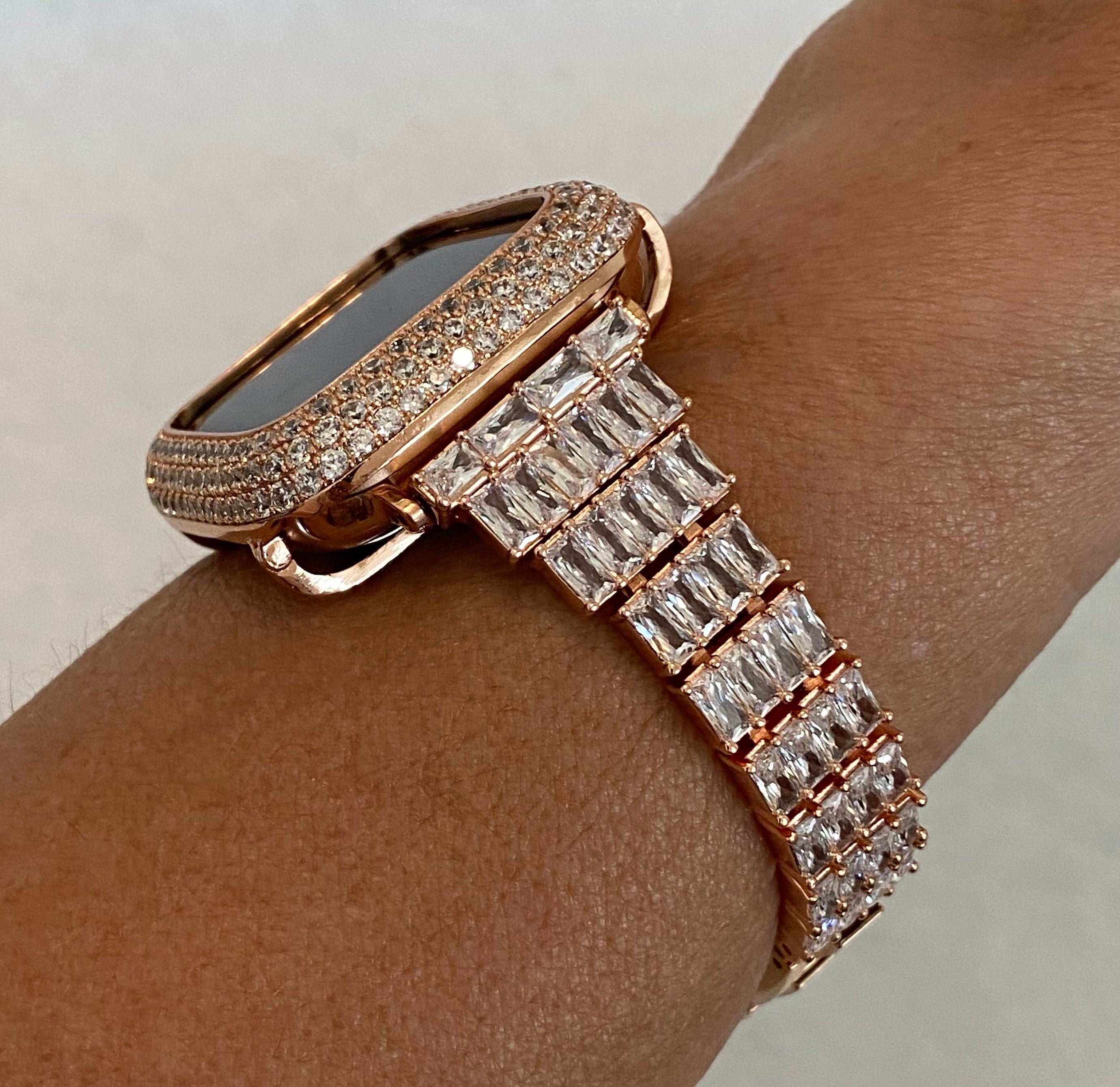 Designer Apple Watch Band 41mm 45mm 49mm Rose Gold Swarovski Crystal & or Apple Watch Case Lab Diamond Bezel Cover Smartwatch Bumper 38-44mm