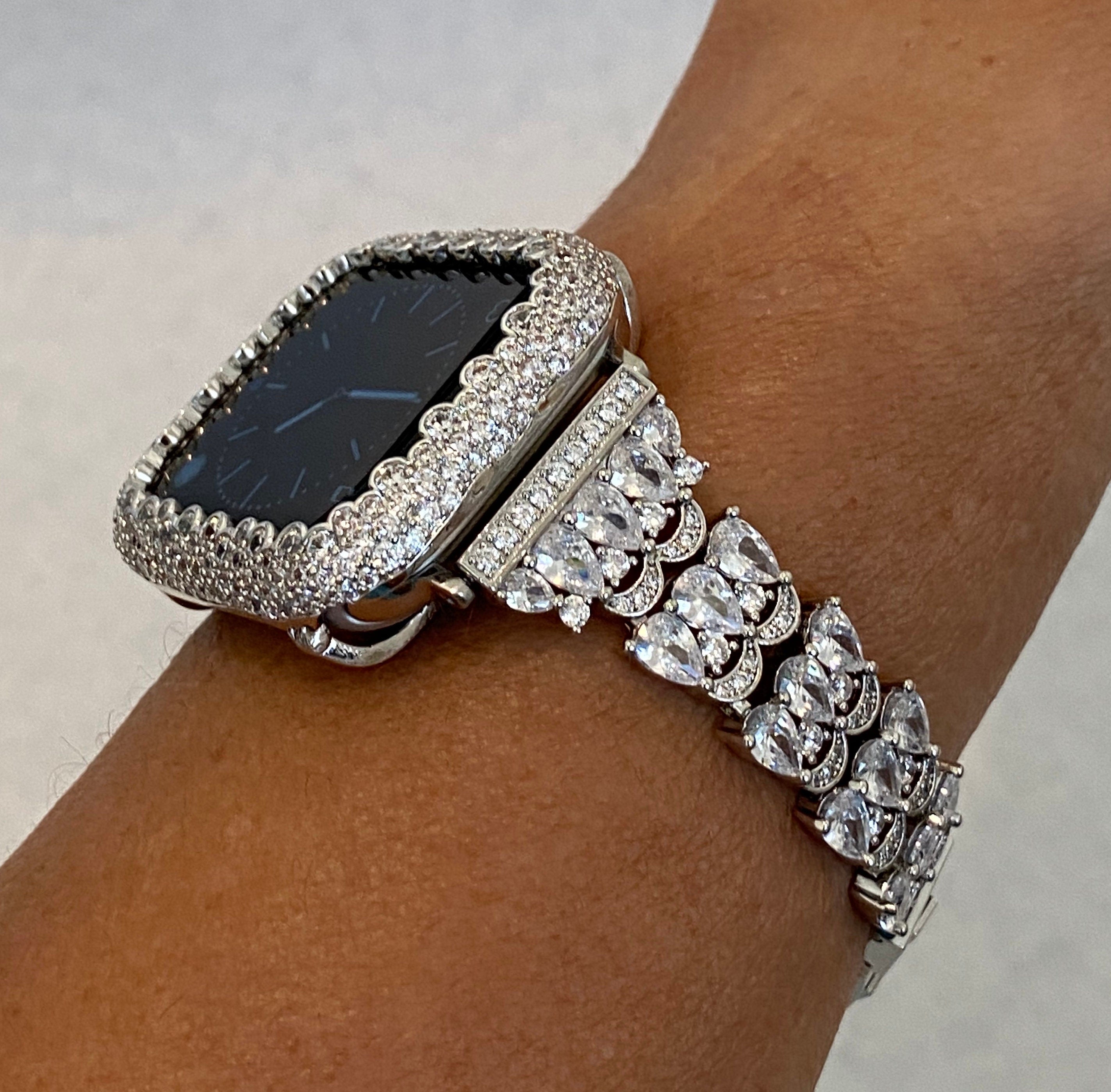 White Gold Apple Watch Band 49mm Ultra 41mm 45mm Swarovski Crystals & or Apple Watch Case Lab Diamond Bezel Bumper Cover Iwatch Candy