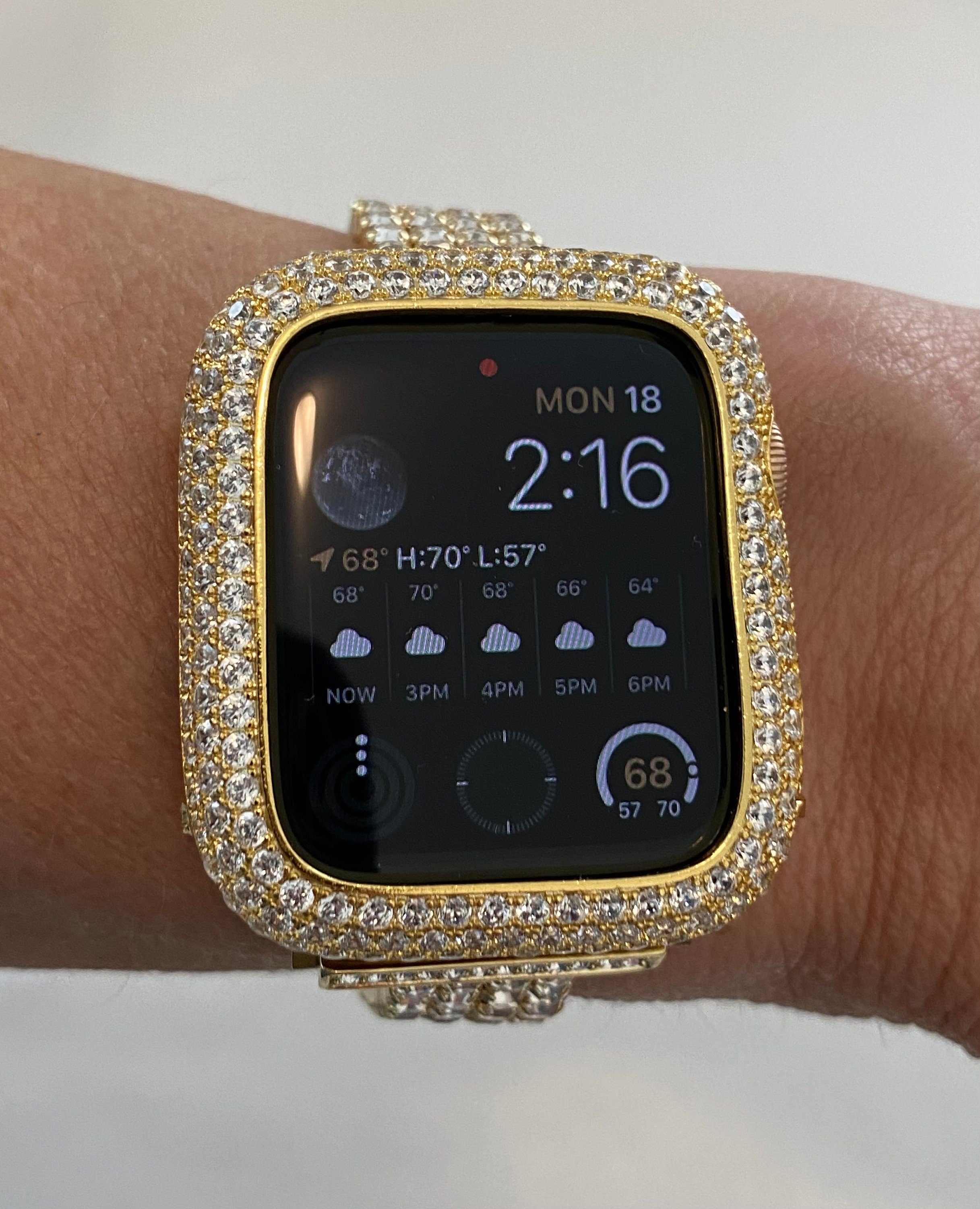 Apple Watch Band Womens 41mm 45mm 49mm Ultra Yellow Gold Handmade 38mm 40mm 42mm 44mm & or Lab Diamond Bezel Cover Series 7-8