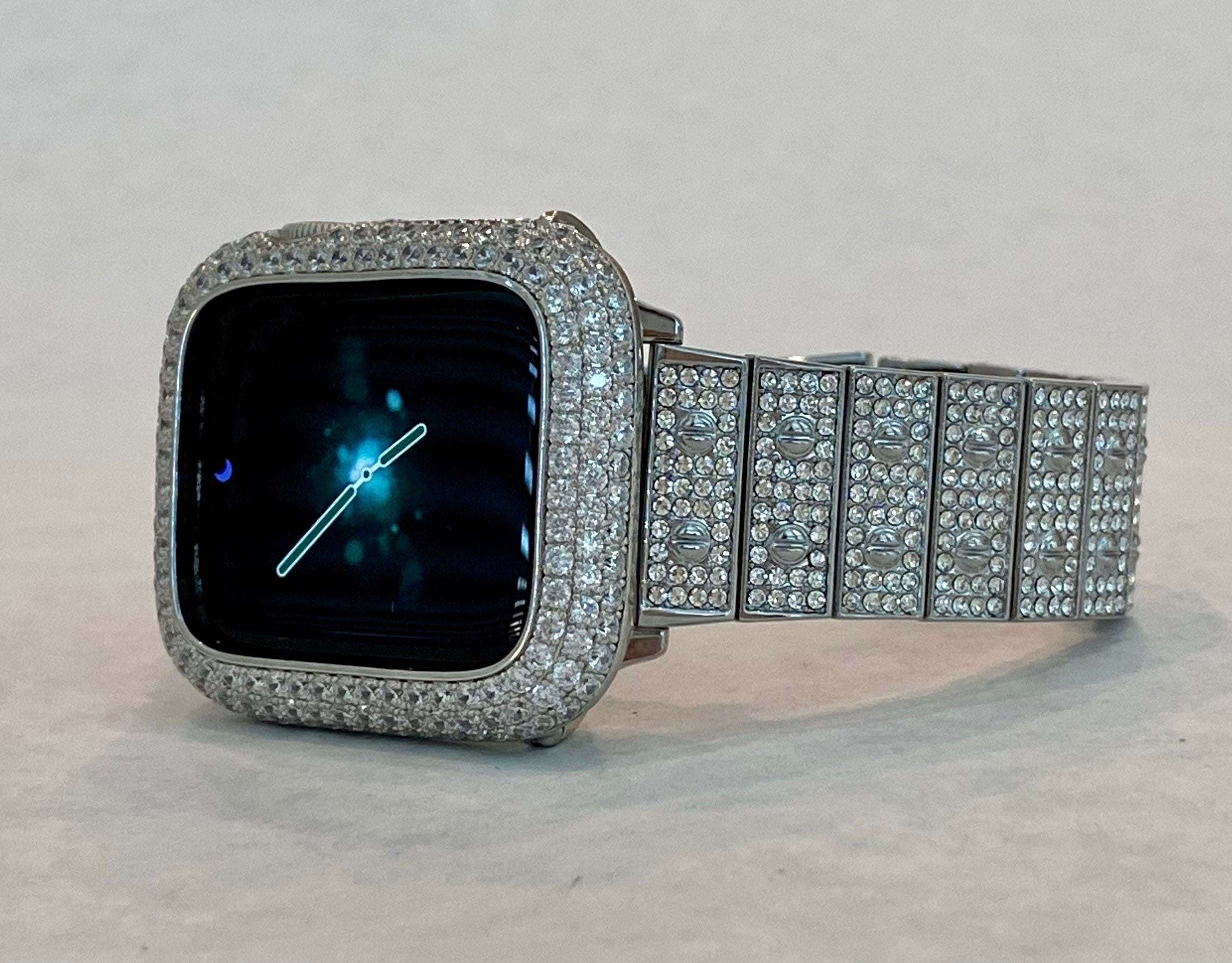 Apple Watch Band White Gold 41mm 45mm 49mm Crystals & or Apple Watch Cover Lab Diamond Bezel Case Smartwatch Bumper 38mm-44mm