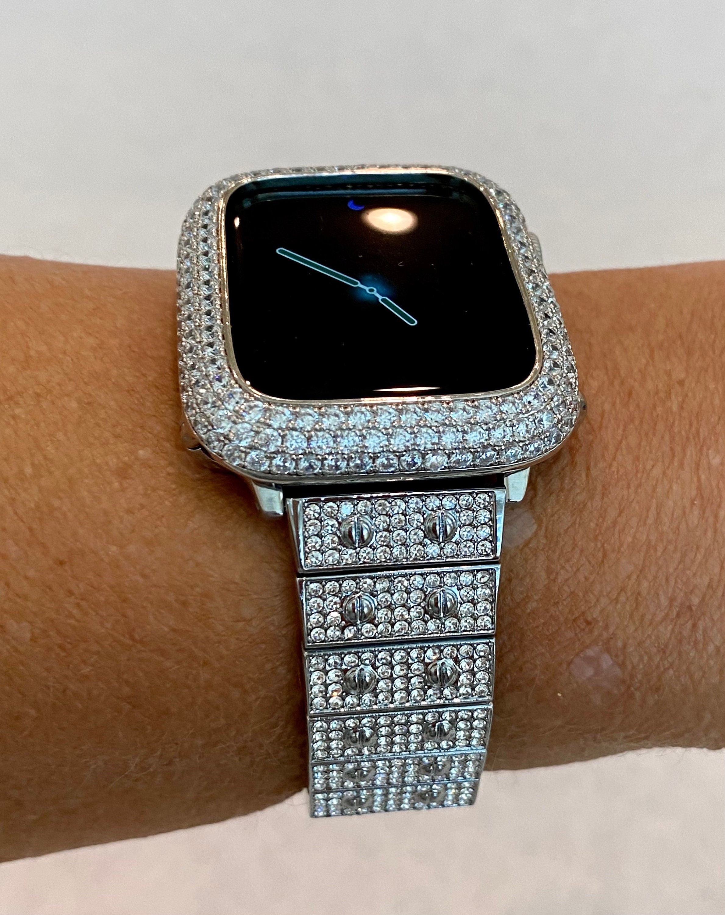 Apple Watch Band White Gold 38mm 40mm 41mm 42mm 44mm 45mm 46mm 49mm Ultra Swarovski Crystal & or Silver Apple Watch Case Lab Diamond Bezel