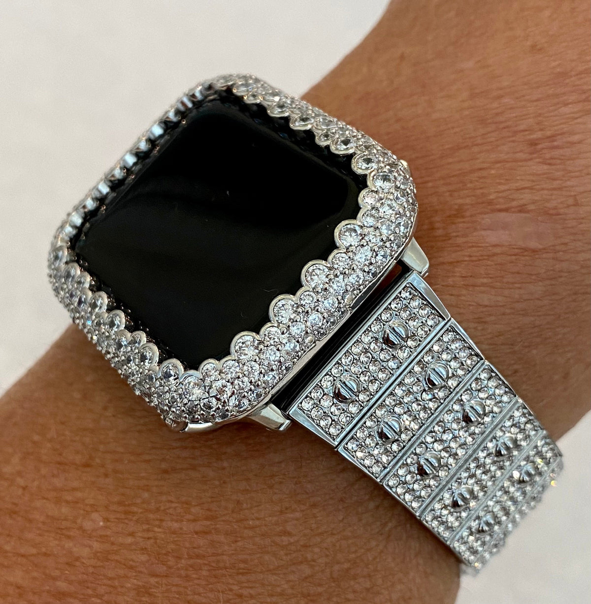 Silver Apple Watch Band High End Crystal 38mm 40mm 41mm 42mm 44mm 45mm 46mm 49mm Ultra & or Apple Watch Case Lab Diamond Bezel Cover Bling