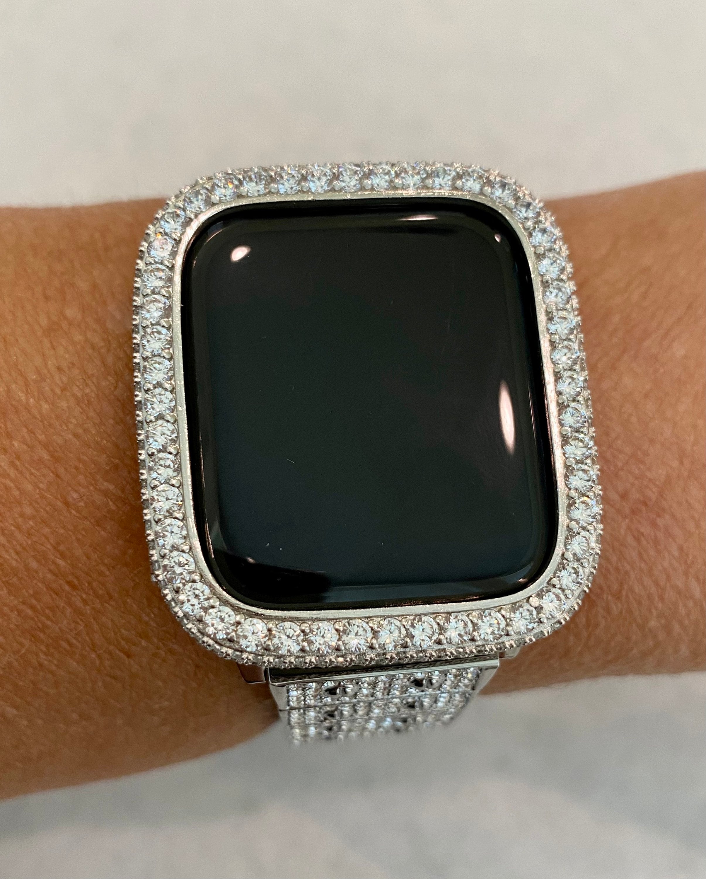 Silver Apple Watch Band Pave Swarovski Crystal 38 40 41 42 44 45 46 49mm Ultra & orApple Watch Cover Lab Diamond Bezel Bling Series 2-11