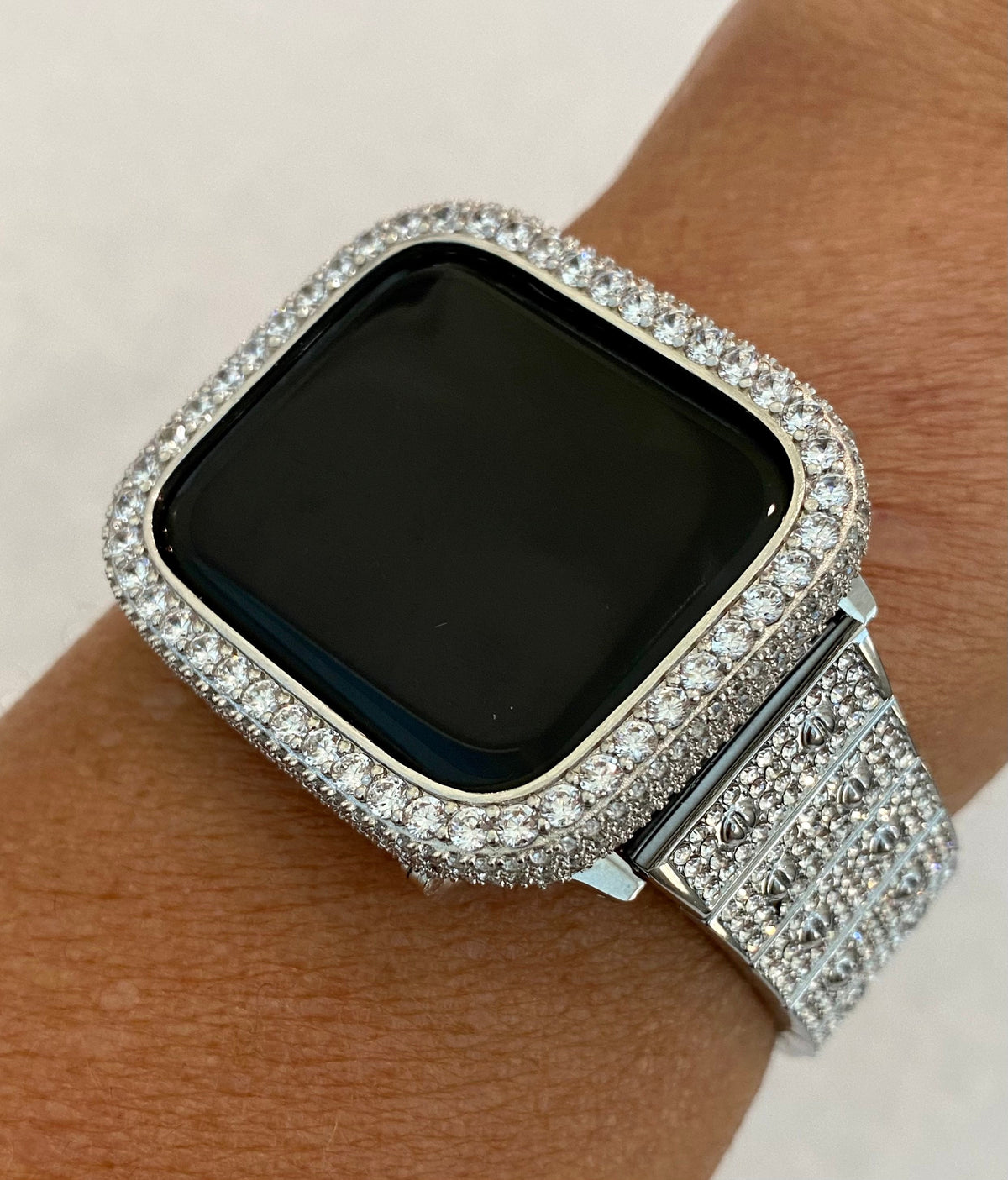 Silver Apple Watch Band 41mm 45mm 49mm Ultra High End Crystal & or Apple Watch Cover Lab Diamond Bezel Bling Smartwatch 38mm 40mm 42mm 44mm