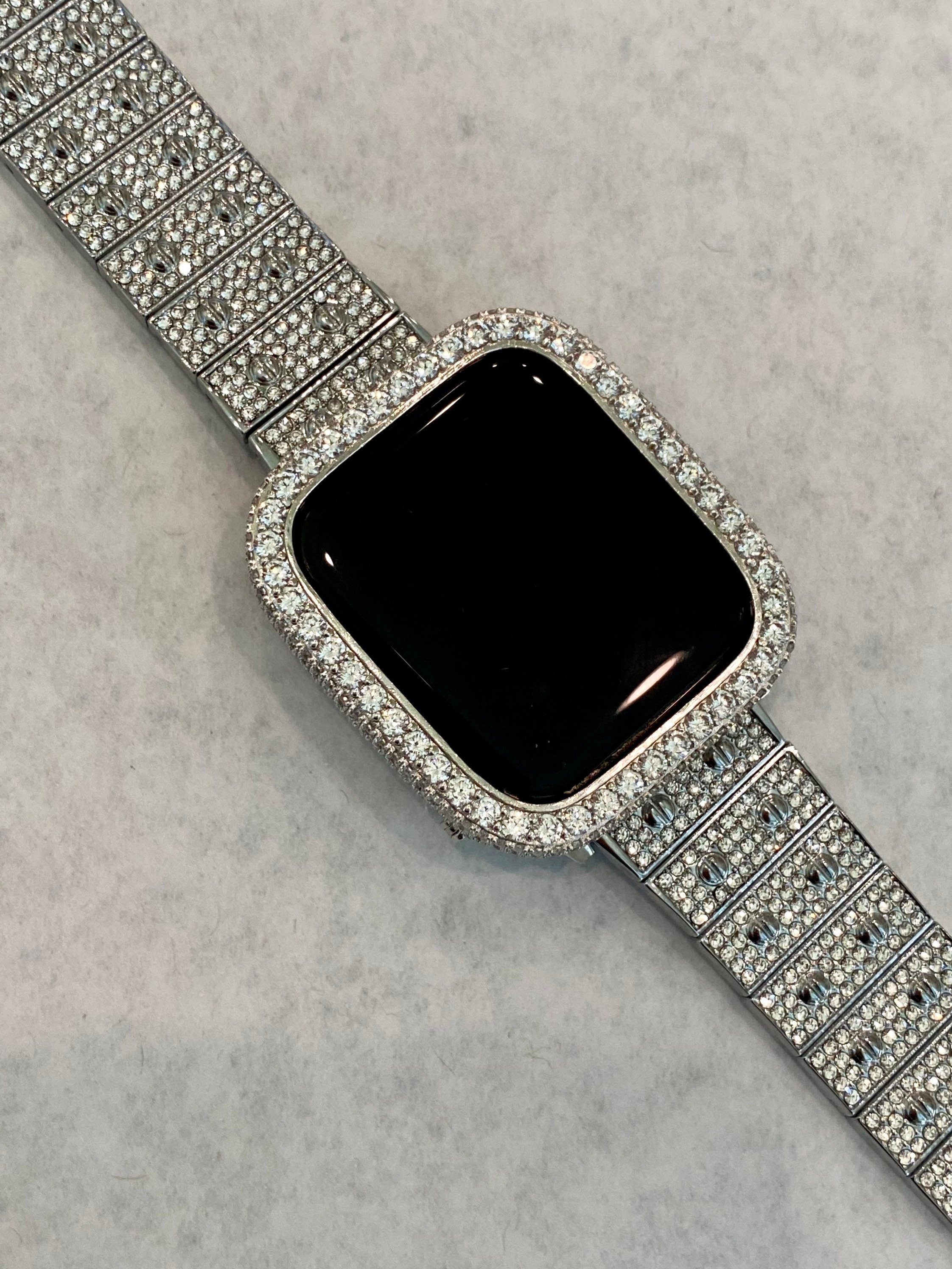 Silver Apple Watch Band Pave Swarovski Crystal 38 40 41 42 44 45 46 49mm Ultra & orApple Watch Cover Lab Diamond Bezel Bling Series 2-11