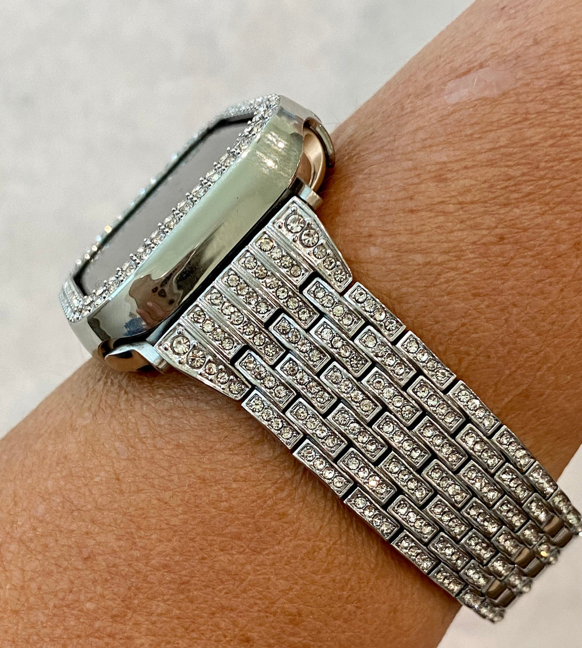 Silver Apple Watch Band Women, Stainless Steel Crystal Bling Band, Apple Watch Cover, Tempered Glass Screen Protector, Series 12 38mm-49mm