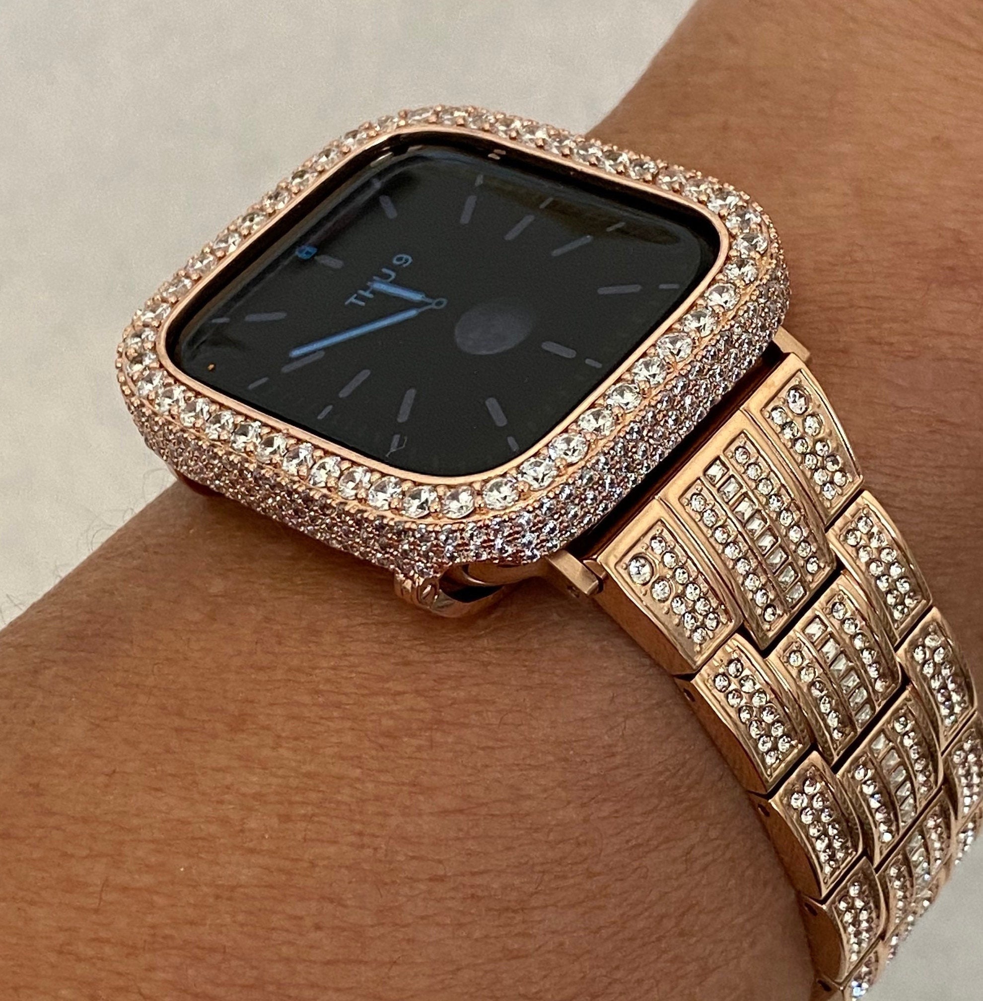 Rose Gold Apple Watch Band Stainless Steel Swarovski Crystals & or Apple Watch Case Lab Diamond Pave Bezel Cover 38mm-45mm Series 2-10
