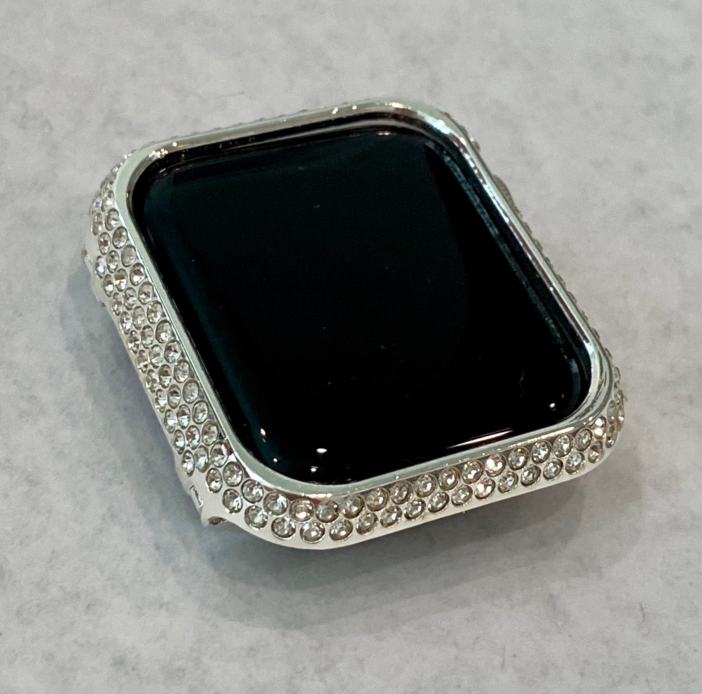 Bling Apple Watch Cover Bezel Silver Swarovski Crystals Stainless Steel Protective Bumper Case sizes 41mm 45mm Series 7-8 by Iwatch Candy