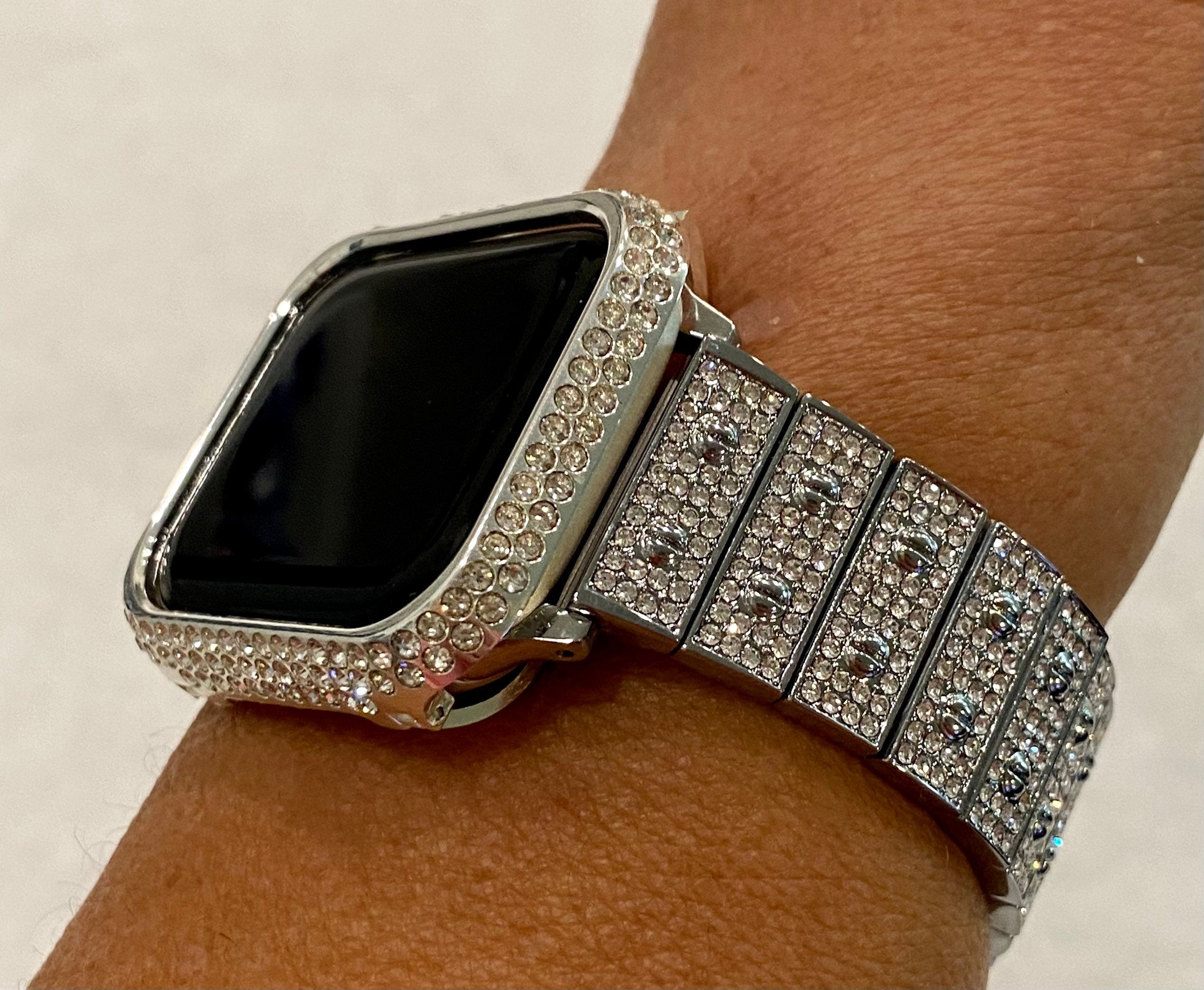 Apple Watch Band Women 41mm 45mm Silver Crystal & or Apple Watch Case Stainless Apple Watch Cover Iwatch Candy Bling Series 9